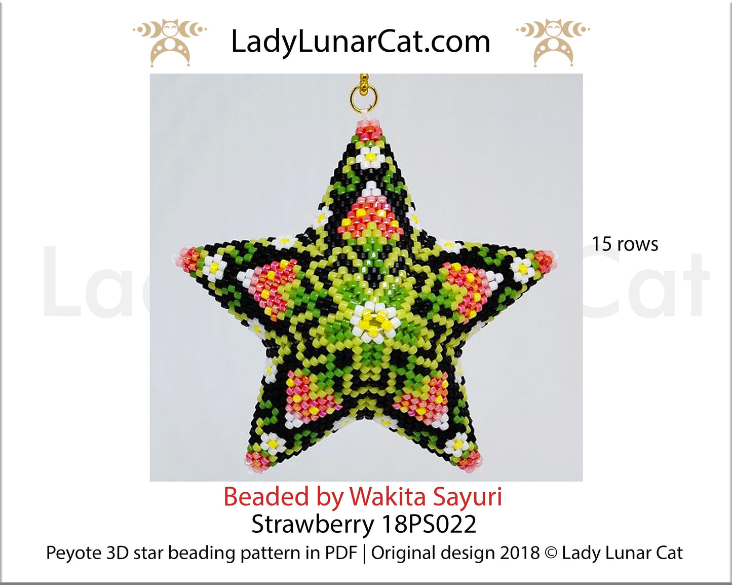 Beaded star pattern - Strawberry 18PS022 | Seed beads tutorial for 3D peyote star LadyLunarCat
