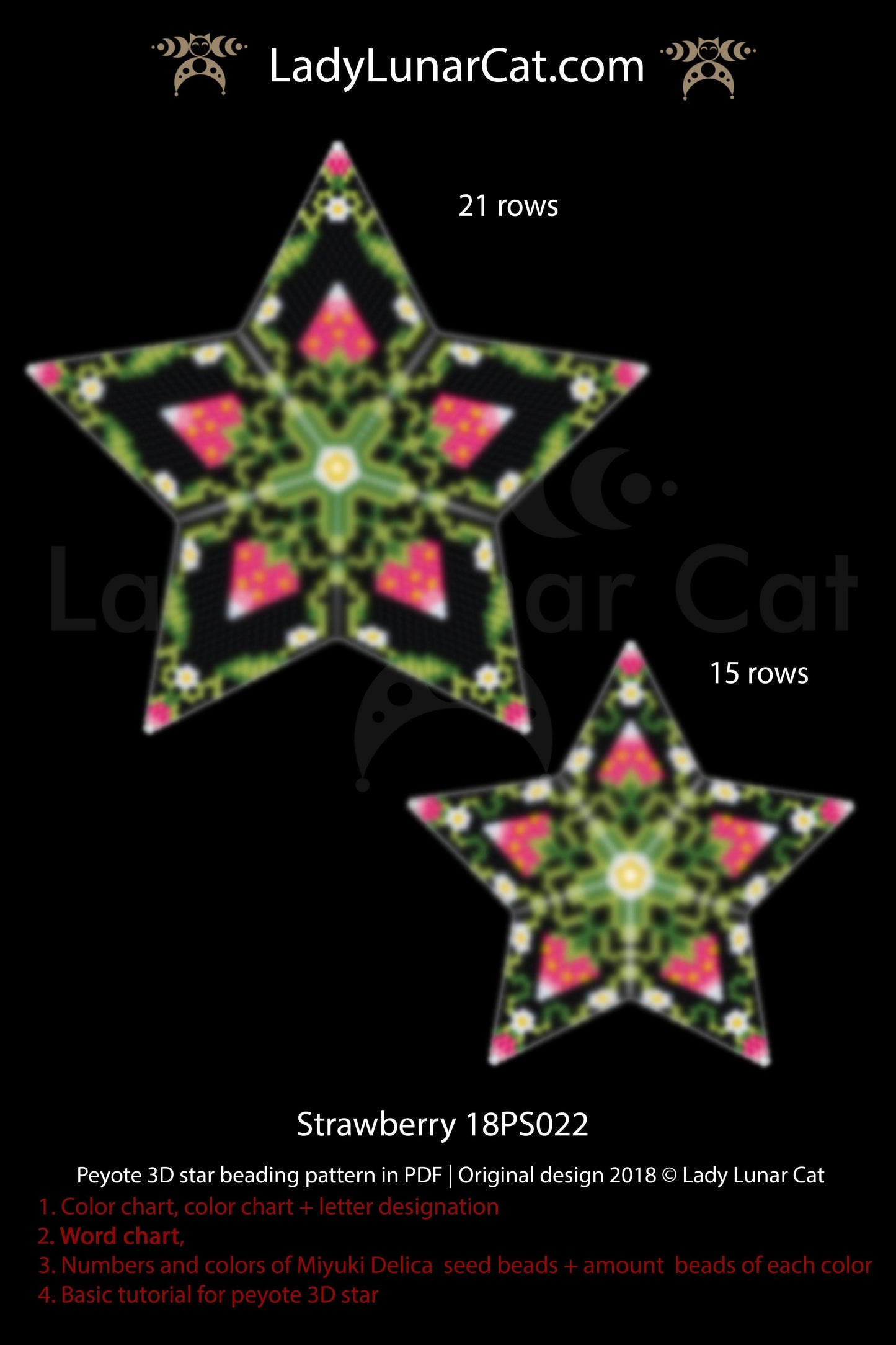 Beaded star pattern - Strawberry 18PS022 | Seed beads tutorial for 3D peyote star LadyLunarCat