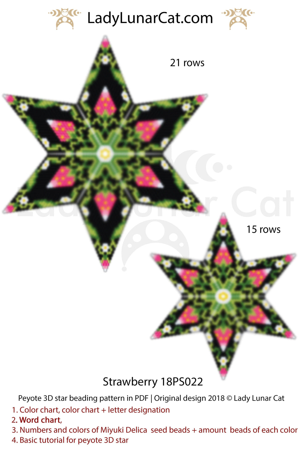 Beaded star pattern - Strawberry 18PS022 | Seed beads tutorial for 3D peyote star LadyLunarCat