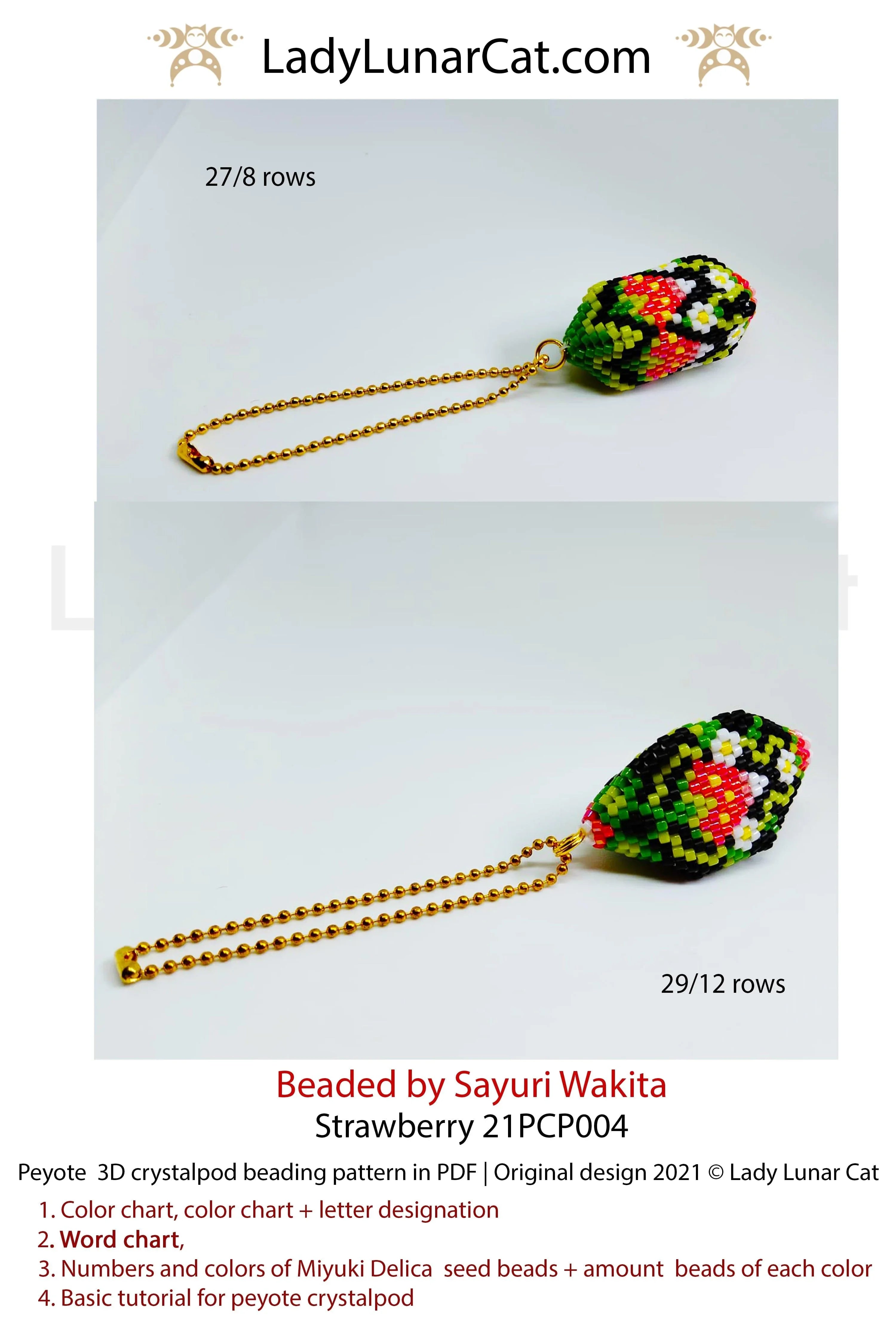 Lady Lunar Cat strawberry crystalpod — 2 sizes cottagecore summer earrings pendant beading PDF 21PCP004