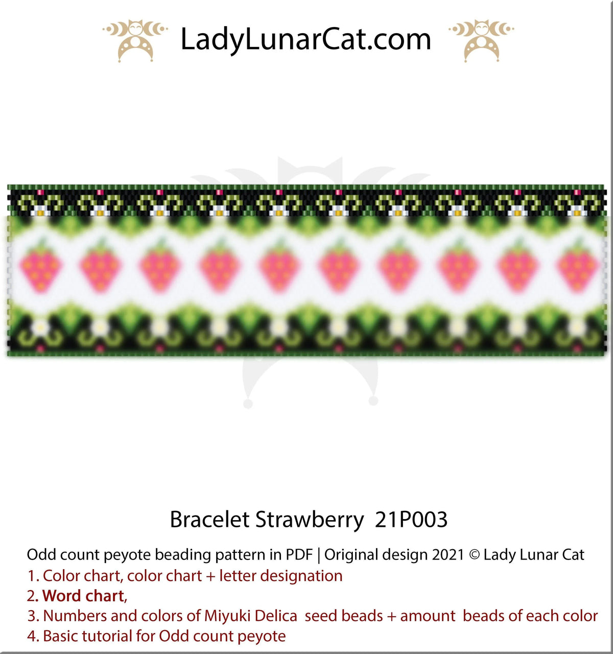 Strawberry peyote wide cuff bracelet - 90x33 beads 6 colors odd count PDF LadyLunarCat
