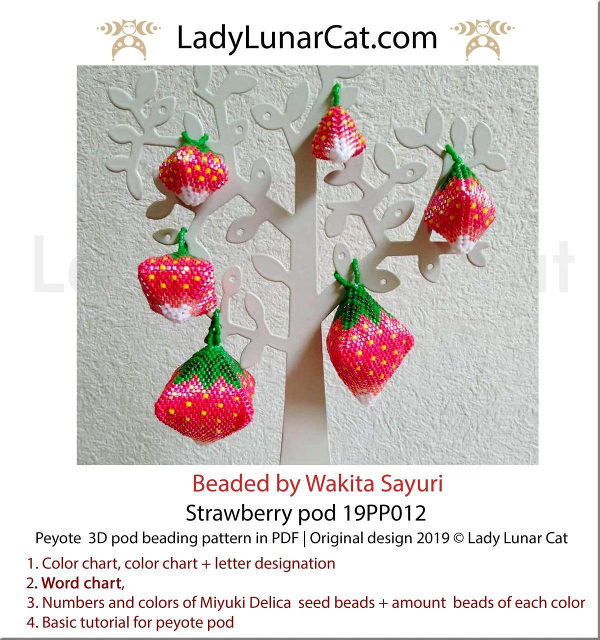 Beaded strawberry pod in three sizes — peyote stitch pattern by Lady Lunar Cat