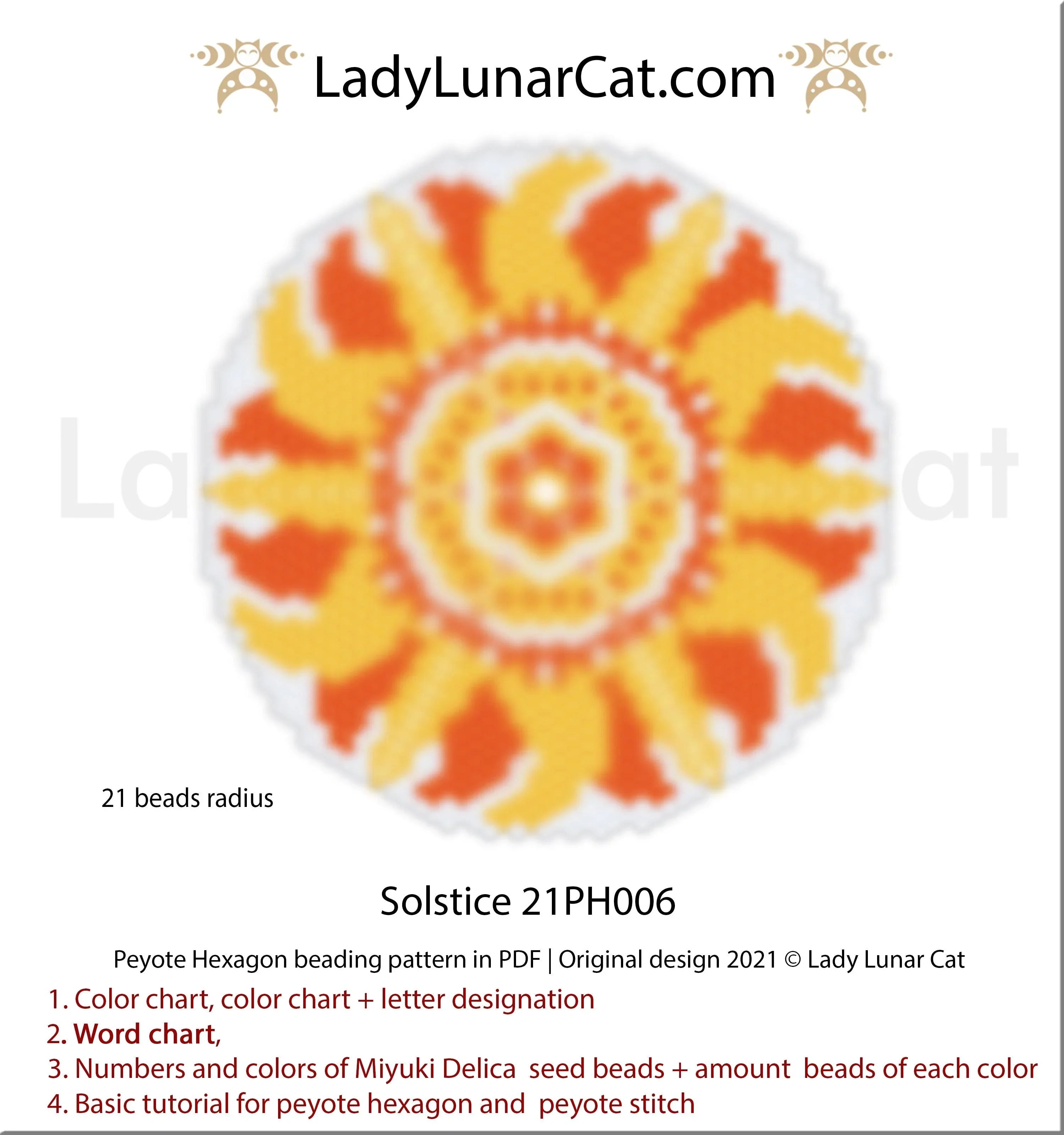Solstice sun rays peyote hexagon — 3 colors, 21-bead radius with rays, Miyuki Delica 11/0
