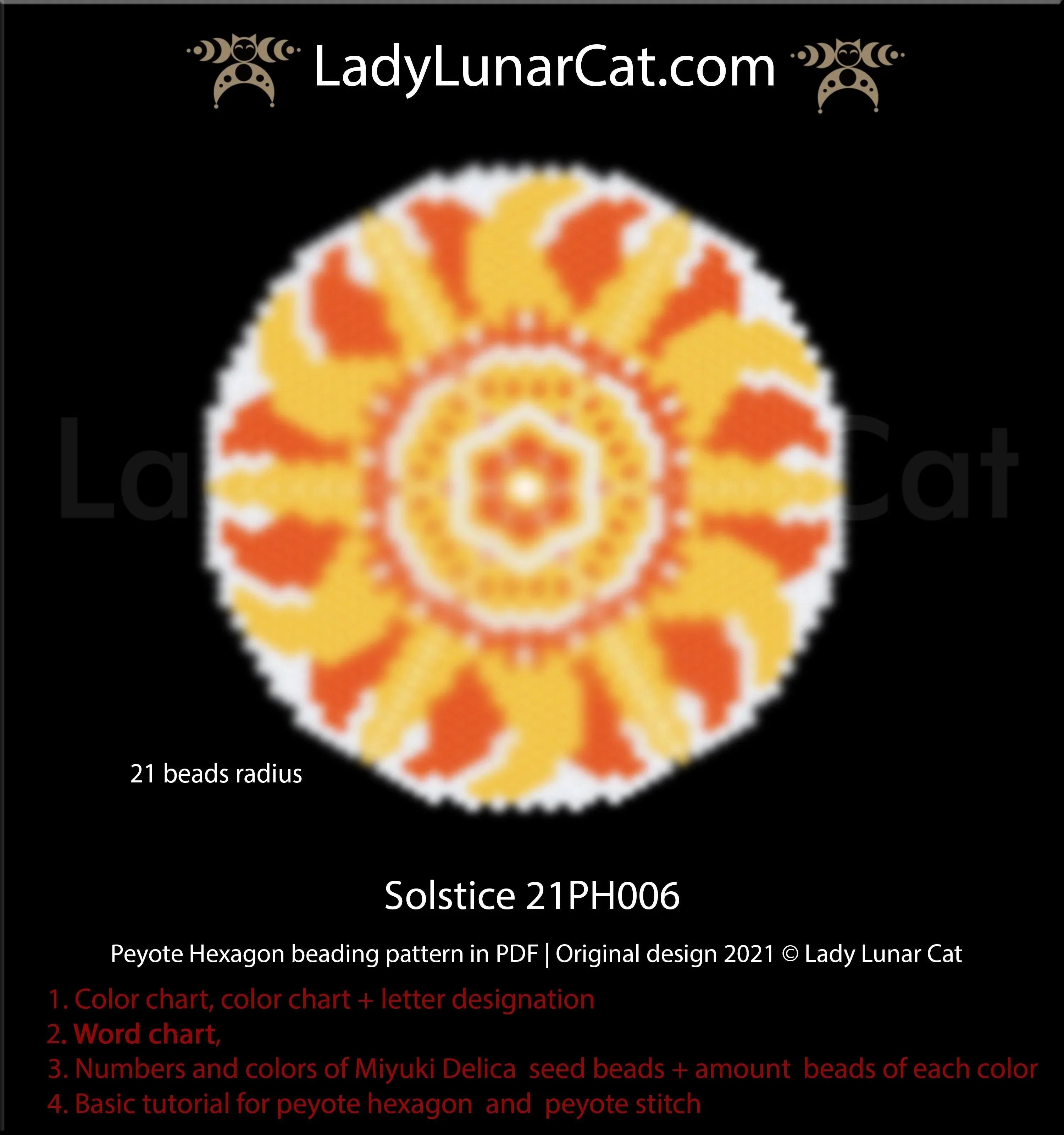 Solstice peyote hexagon pattern PDF by Lady Lunar Cat — sun rays pendant 21PH006