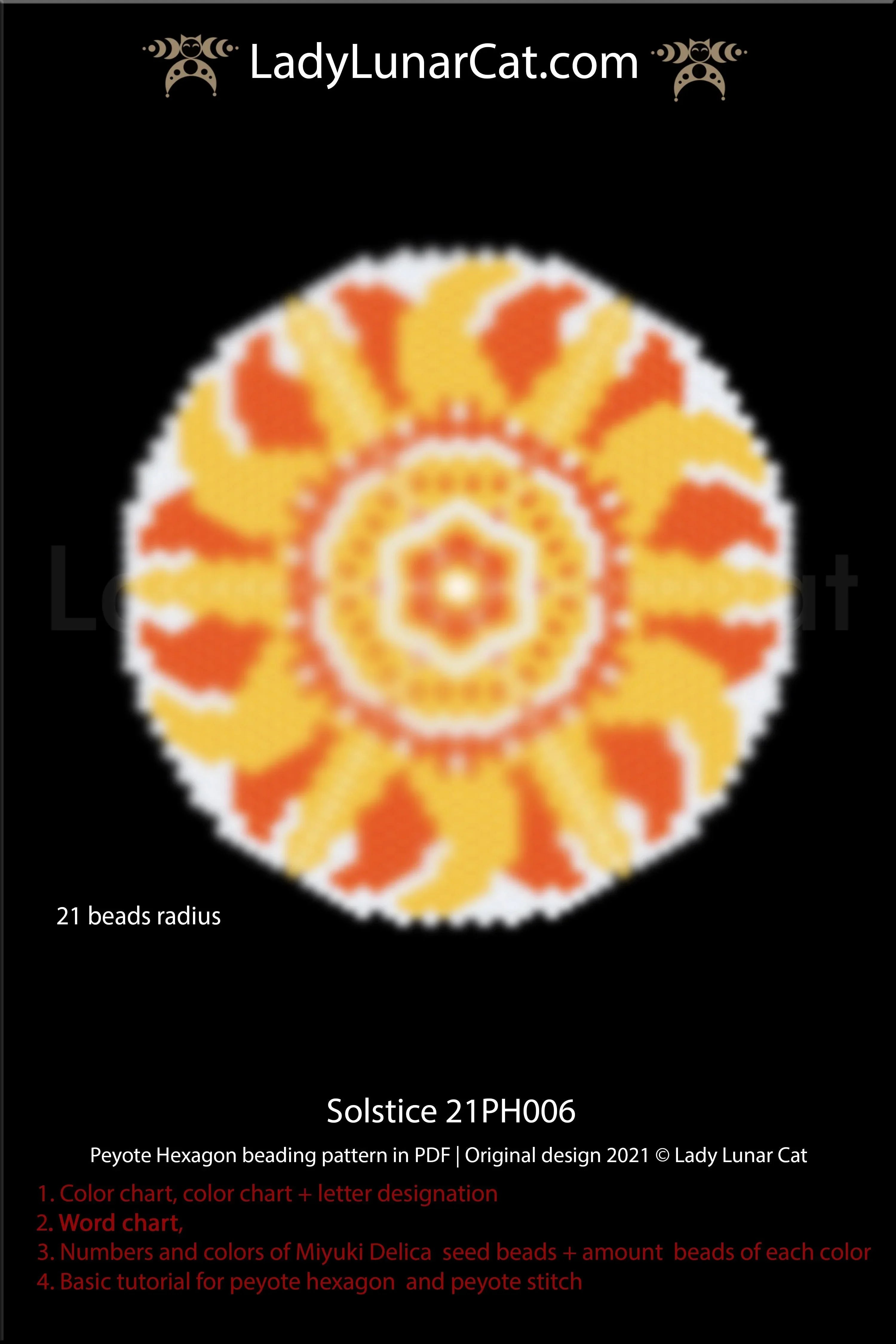 Peyote hexagon solstice sun — 37 rows, celestial pendant, Yule summer, instant download