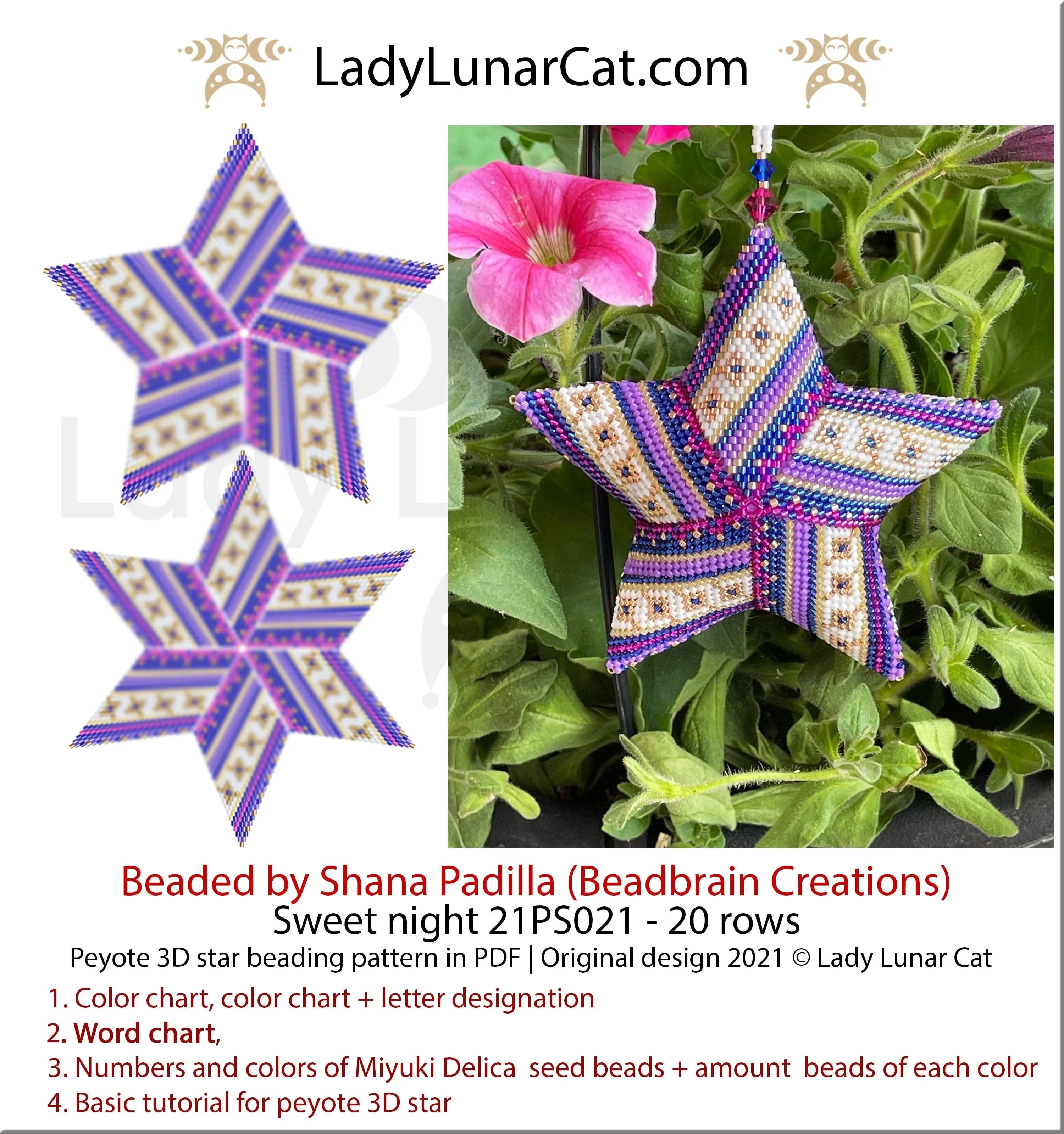 Sweet night peyote star — 6 colors, 39-bead radius, deep purple chocolate, Miyuki Delica 11/0