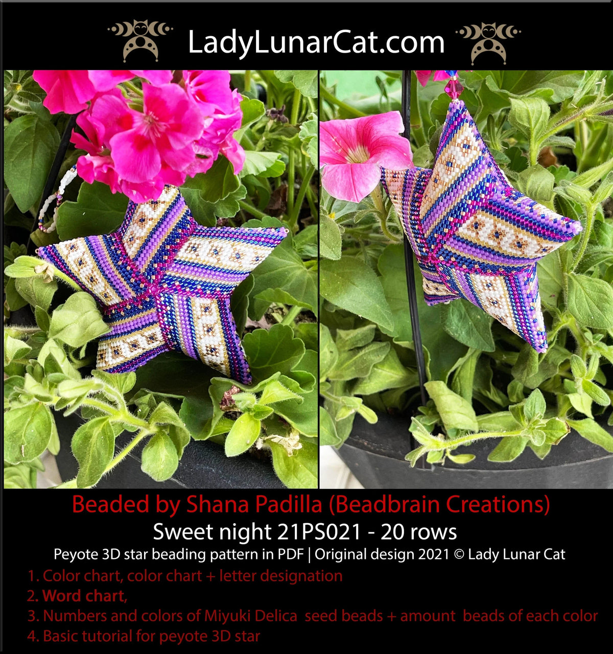 Lady Lunar Cat sweet night peyote star — chocolate night sky beading PDF 21PS021
