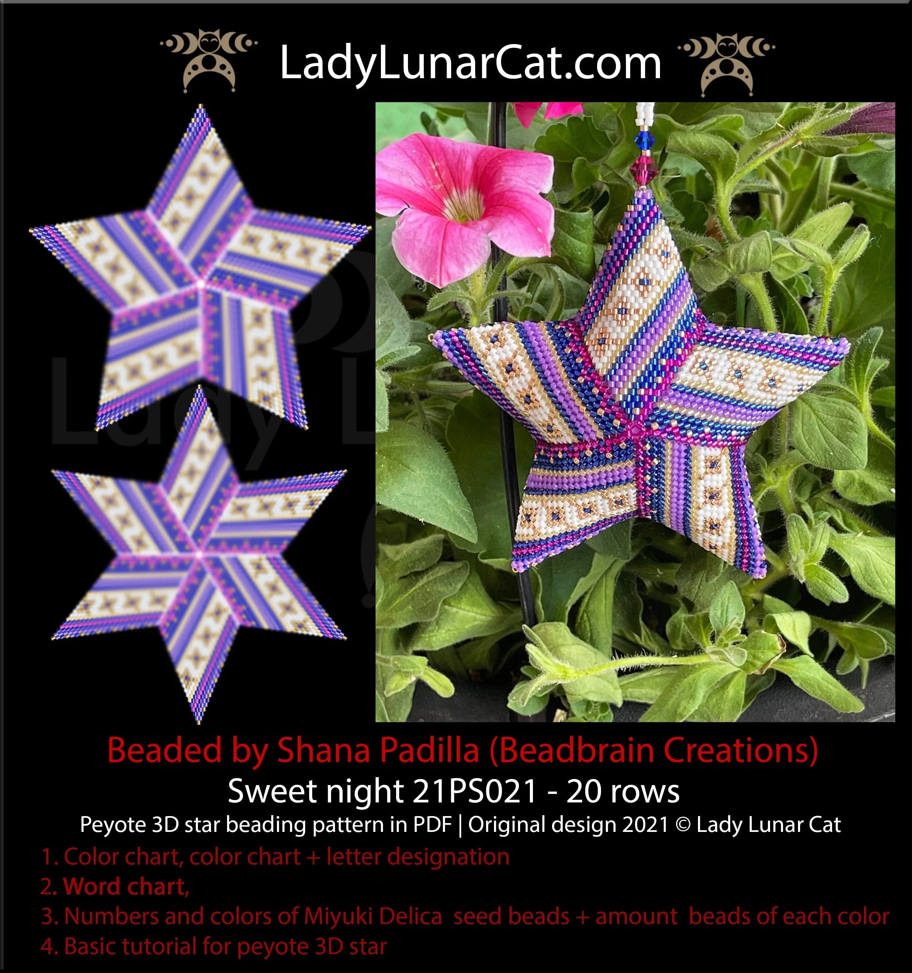 Sweet night peyote star pattern PDF by Lady Lunar Cat — chocolate or night sky 21PS021