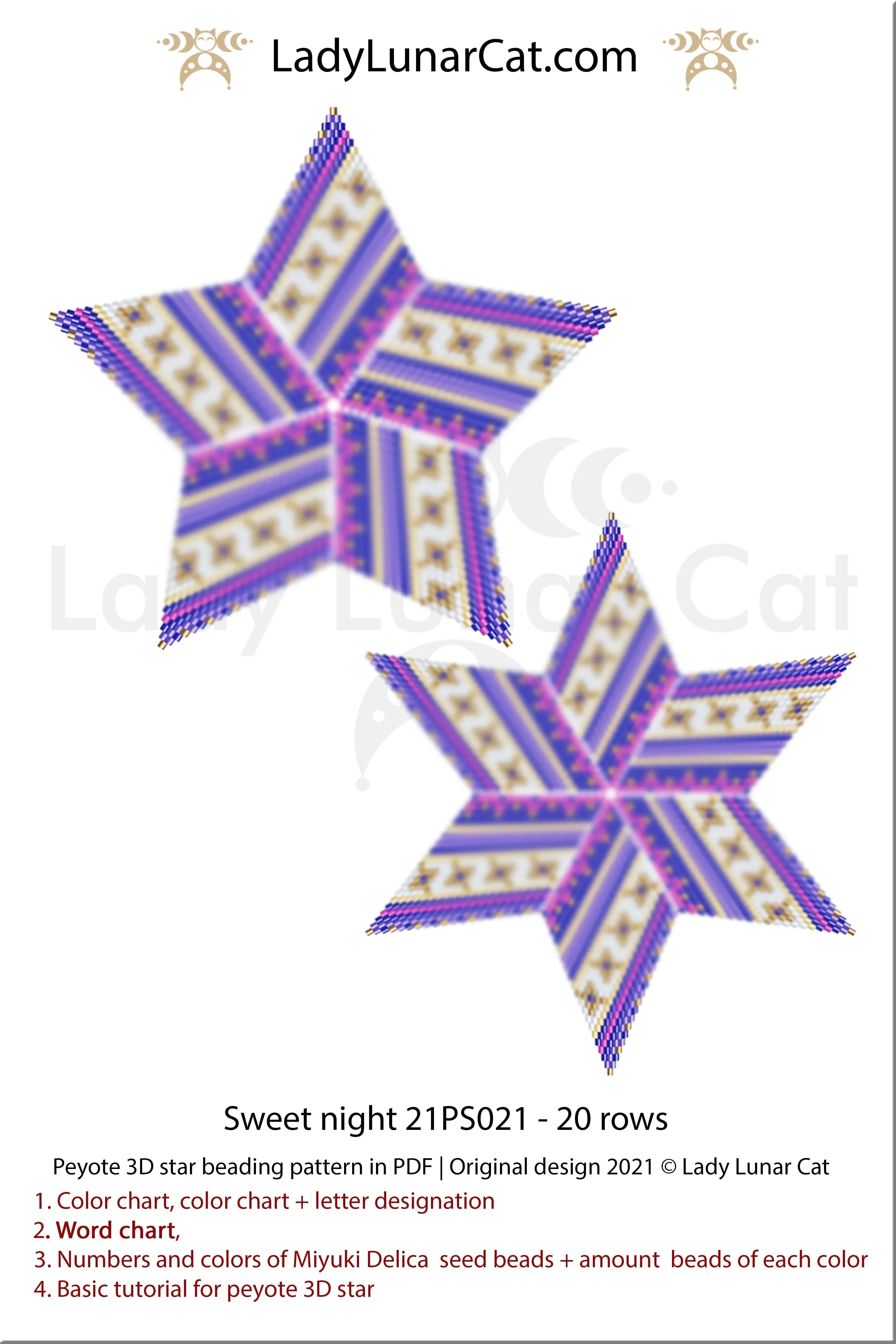 3D peyote star sweet night — 20 corner rows, magical Christmas ornament, instant download