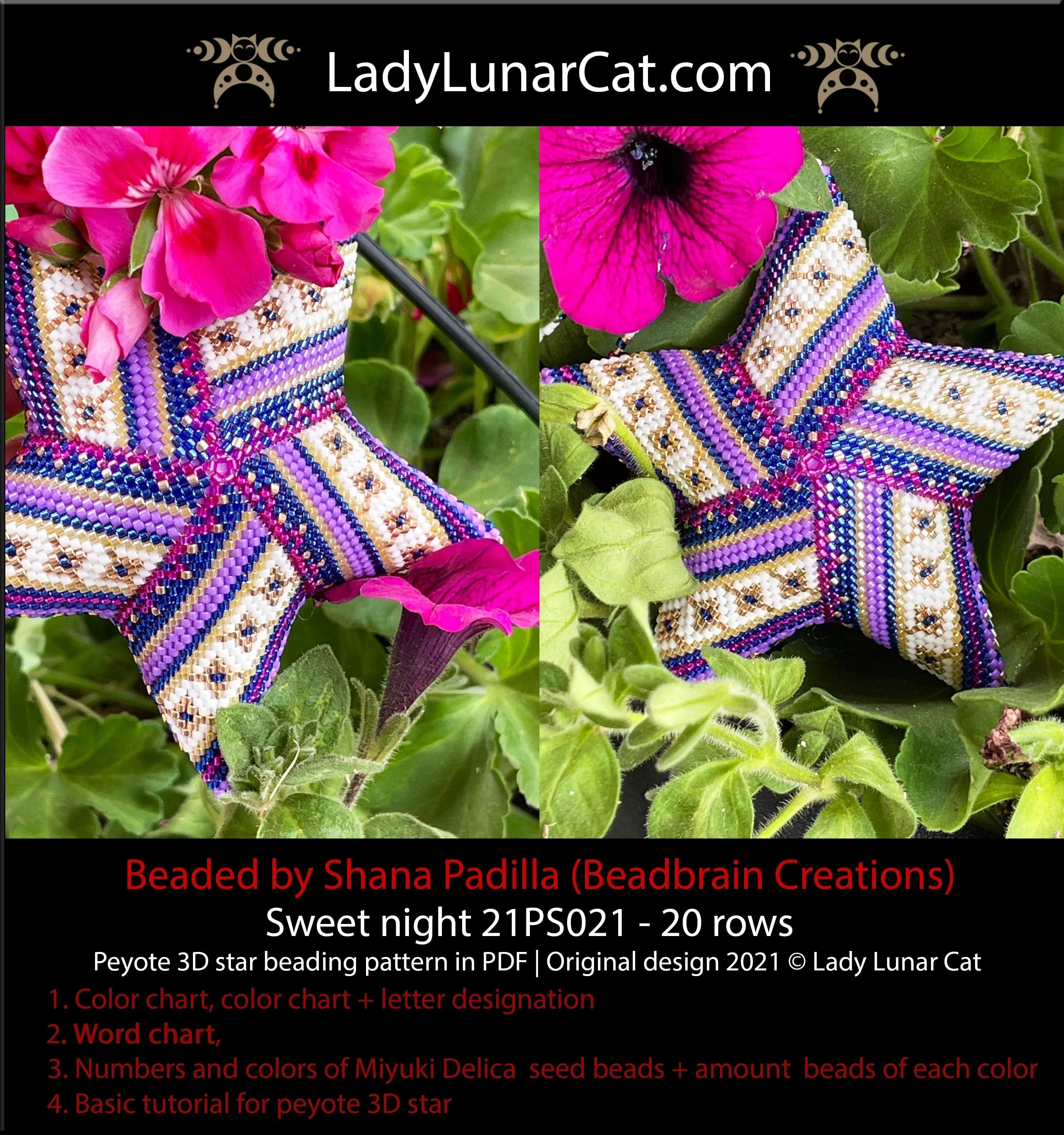 Sweet night peyote star beading pattern preview — 6 colors, graph paper included
