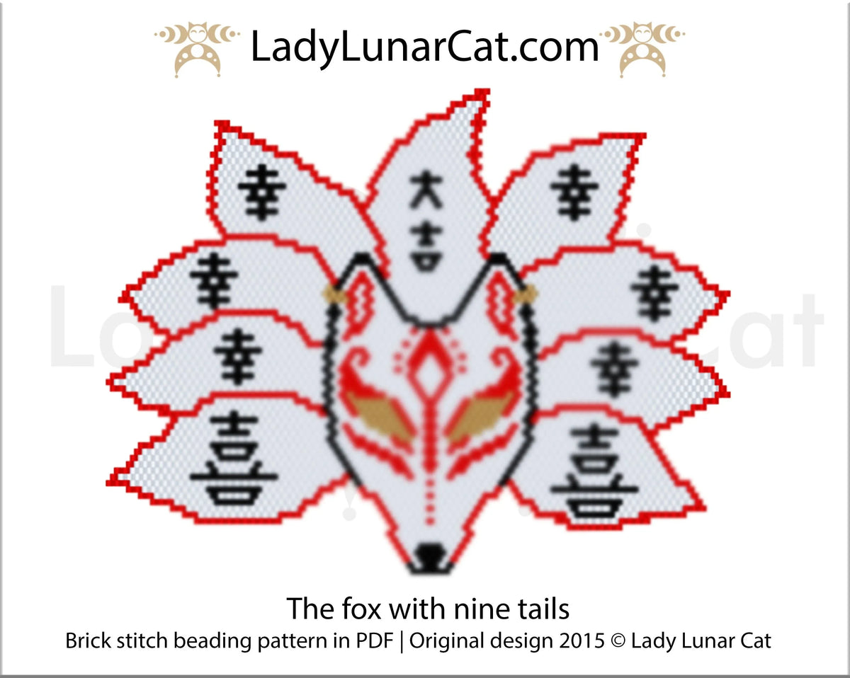 Kitsune nine-tailed fox full view - brick stitch shaped beading pattern LadyLunarCat