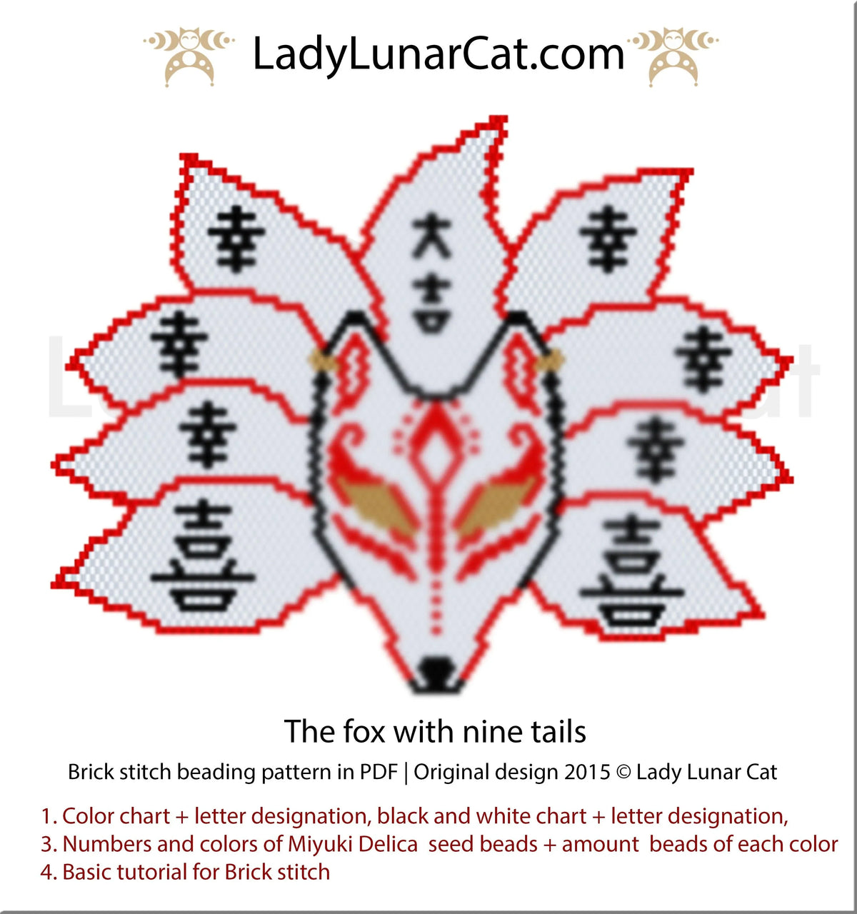 Kitsune brick stitch pattern chart - large colored numbered graph PDF LadyLunarCat