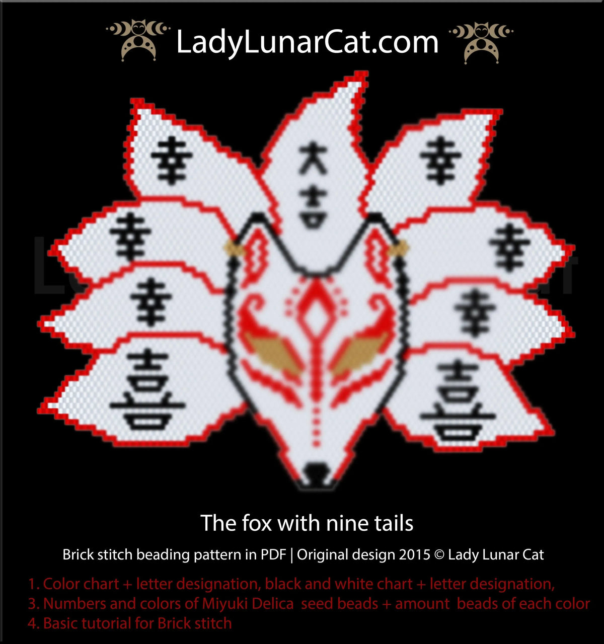 Kitsune beaded fox as patch - applique bag jacket decoration PDF LadyLunarCat