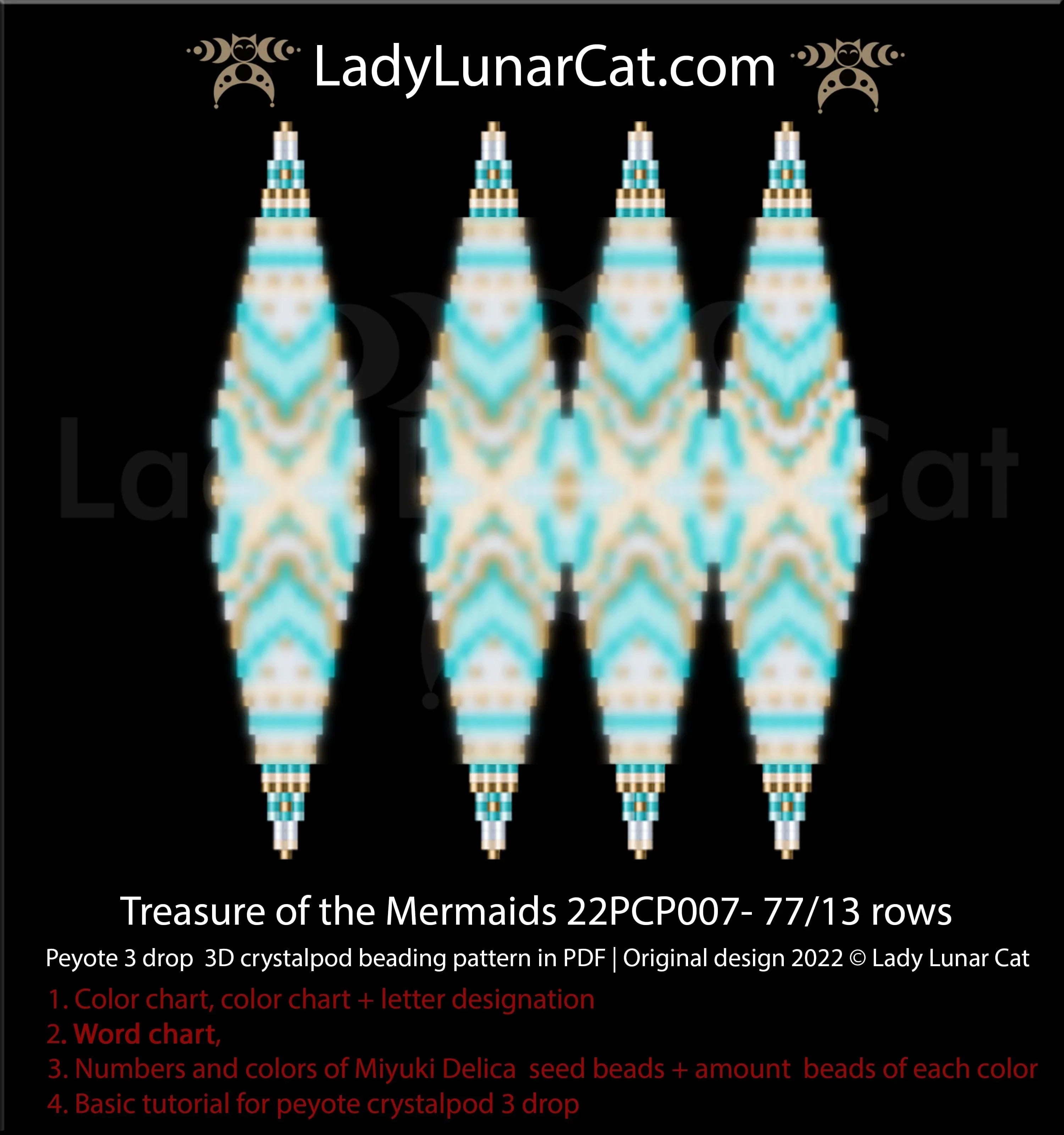 Mermaid crystalpod full view - ocean teal 3-drop peyote Miyuki Delica 11/0 LadyLunarCat