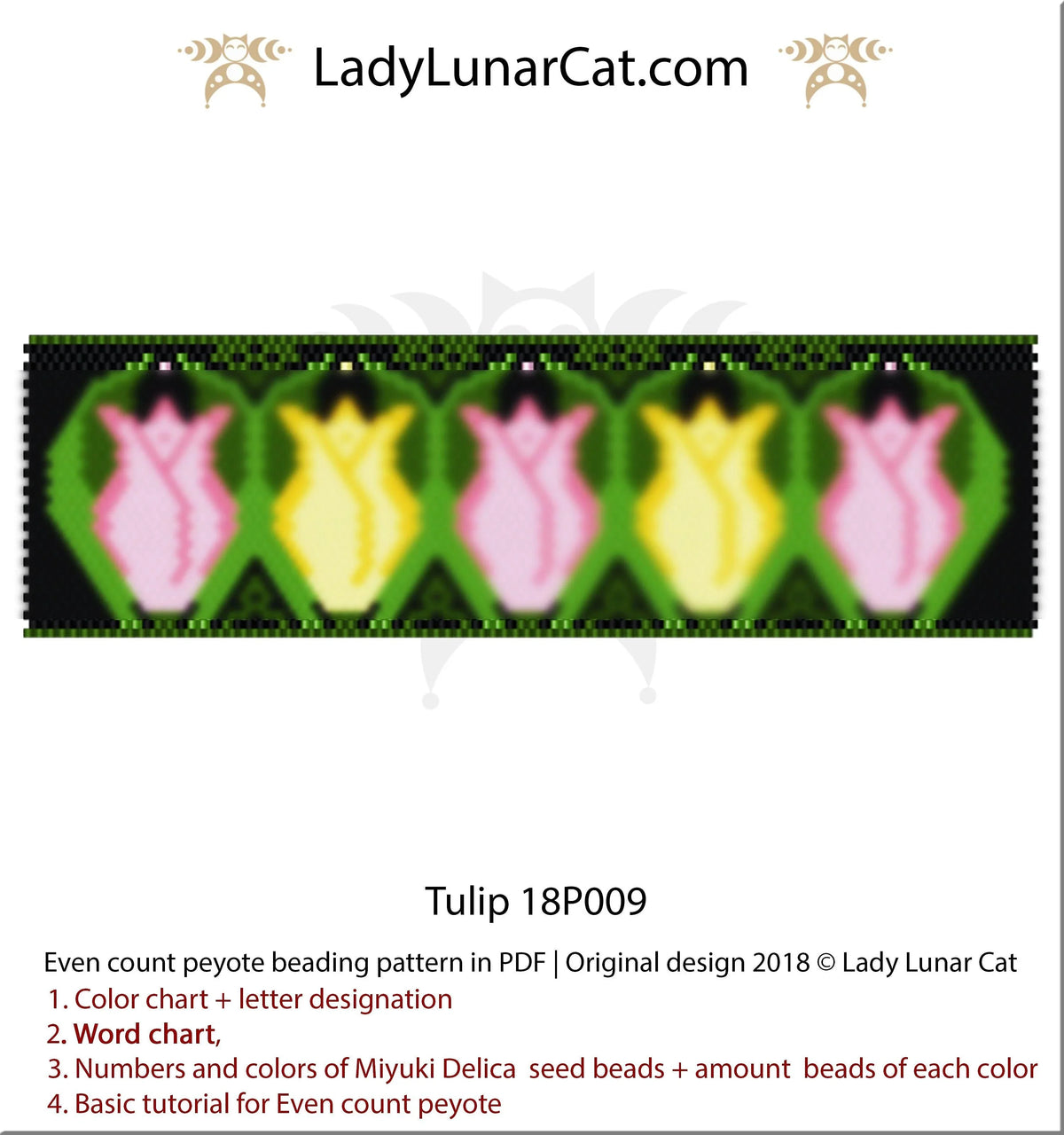 Tulip peyote bracelet - 89x34 beads 7 colors wide spring cuff PDF LadyLunarCat