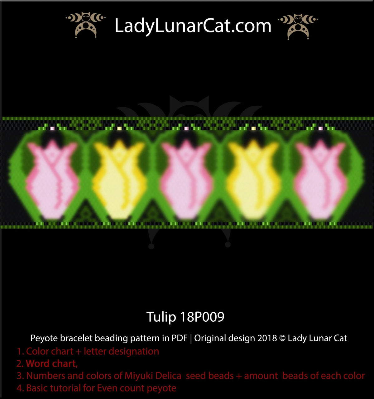 Tulip peyote cuff detail - 34 beads wide tulip motif close up LadyLunarCat