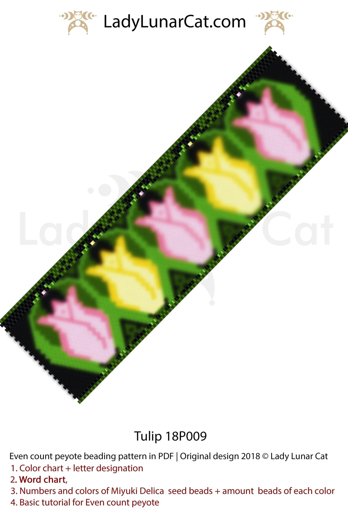 Tulip beaded bracelet pattern chart - word chart and bead legend PDF LadyLunarCat