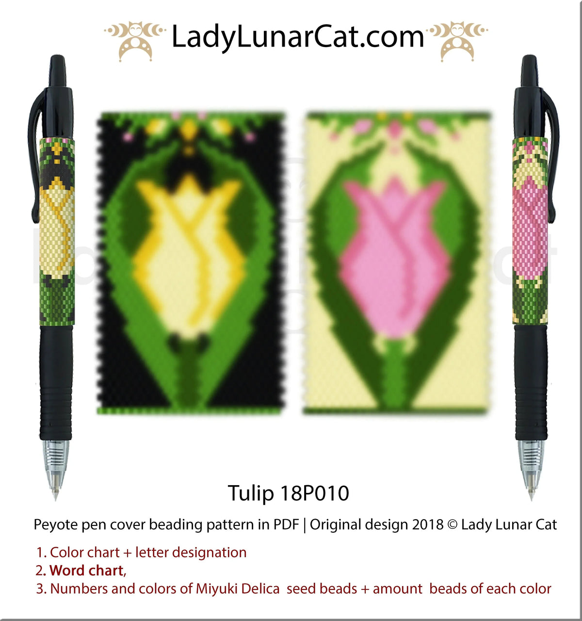 Tulip peyote pen cover pattern PDF by Lady Lunar Cat — spring floral 18P010