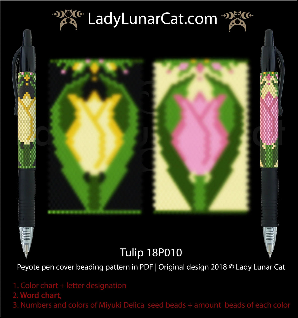 Spring tulip peyote pen cover beading pattern — 2 color versions, Miyuki Delica 11/0