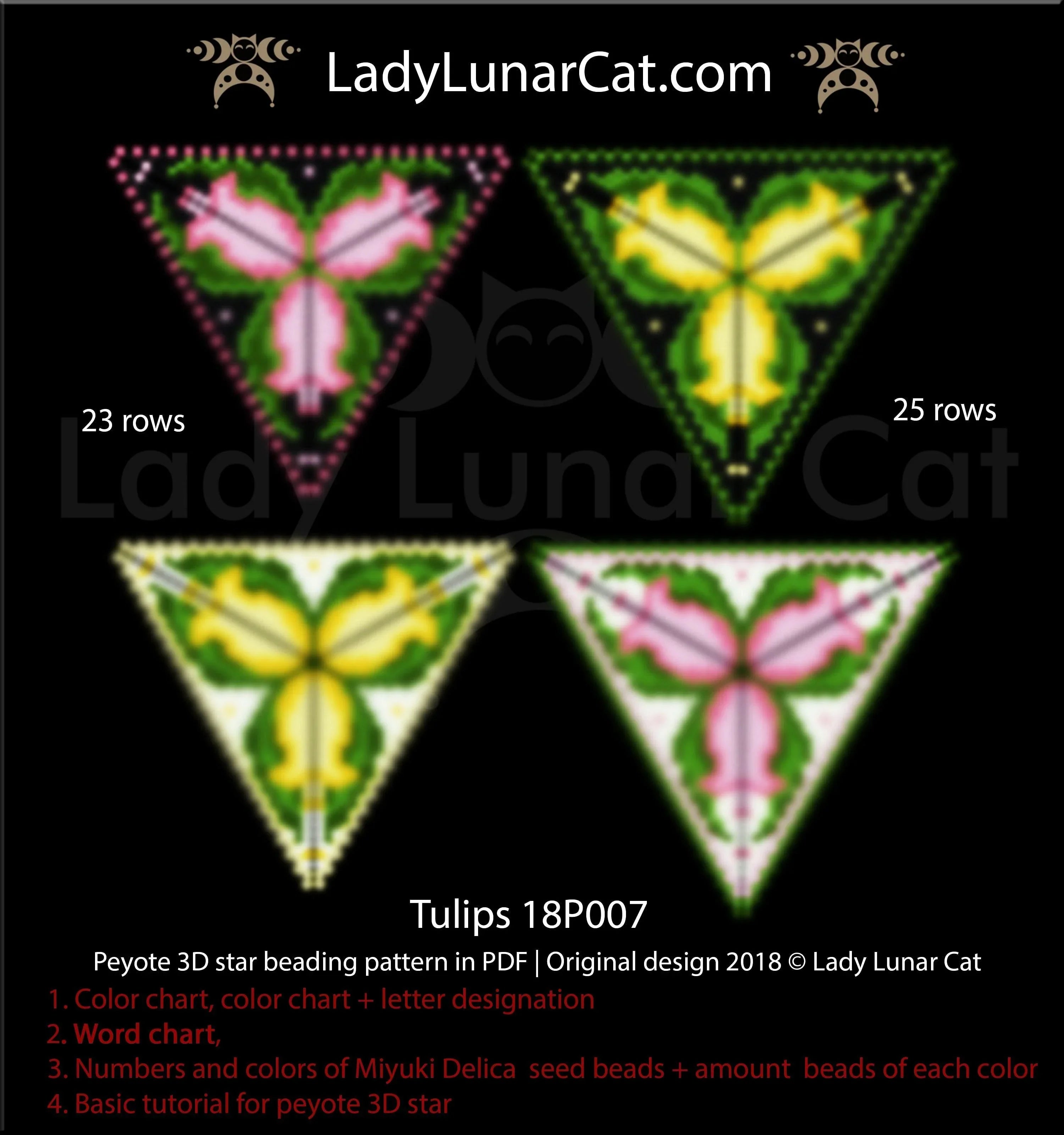 Spring tulips peyote triangle beading pattern — 4 color versions, Miyuki Delica 11/0