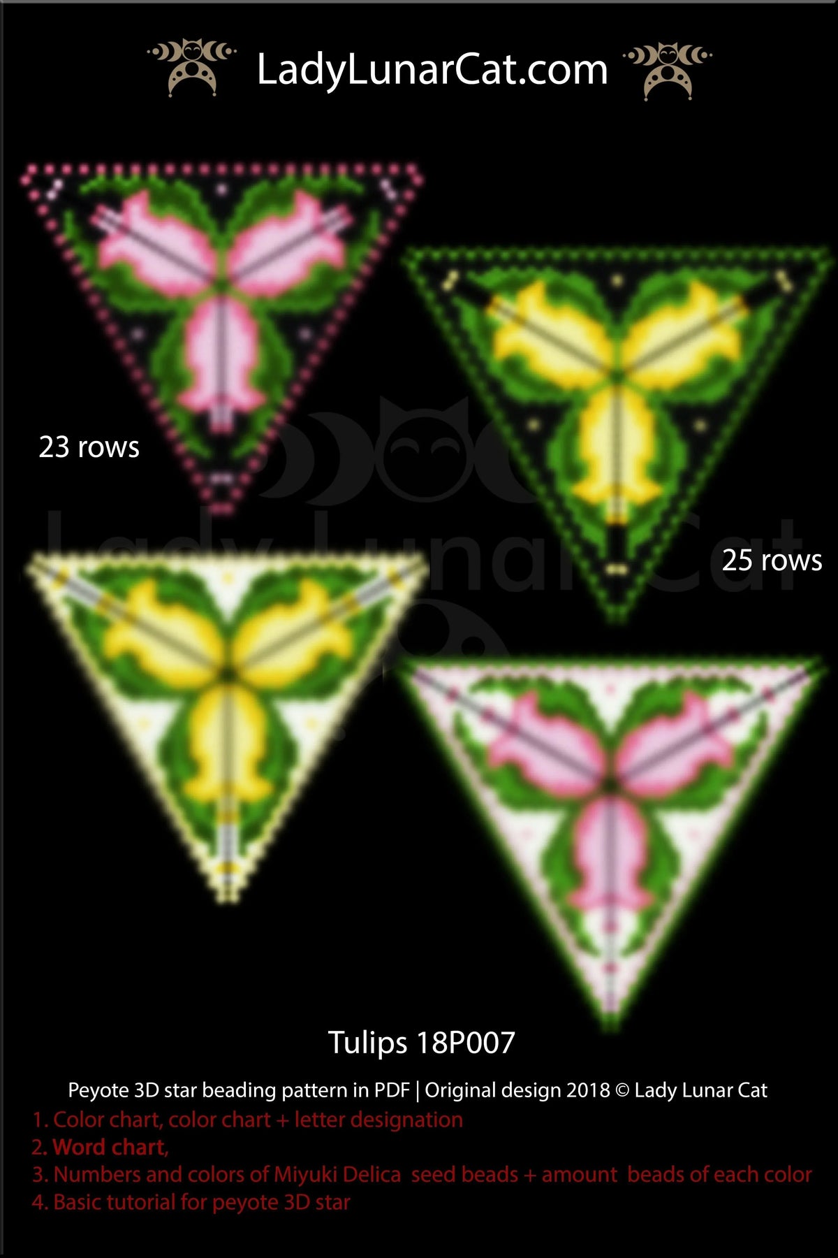 Peyote triangle pattern tulips — 23–25 rows, 4 versions, instant download