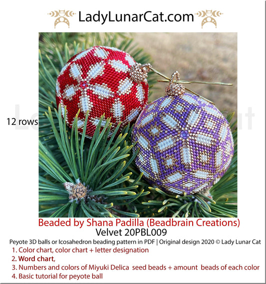 Peyote 3d ball pattern for beading | Beaded Icosahedron Velvet 20PBL009  12 rows LadyLunarCat