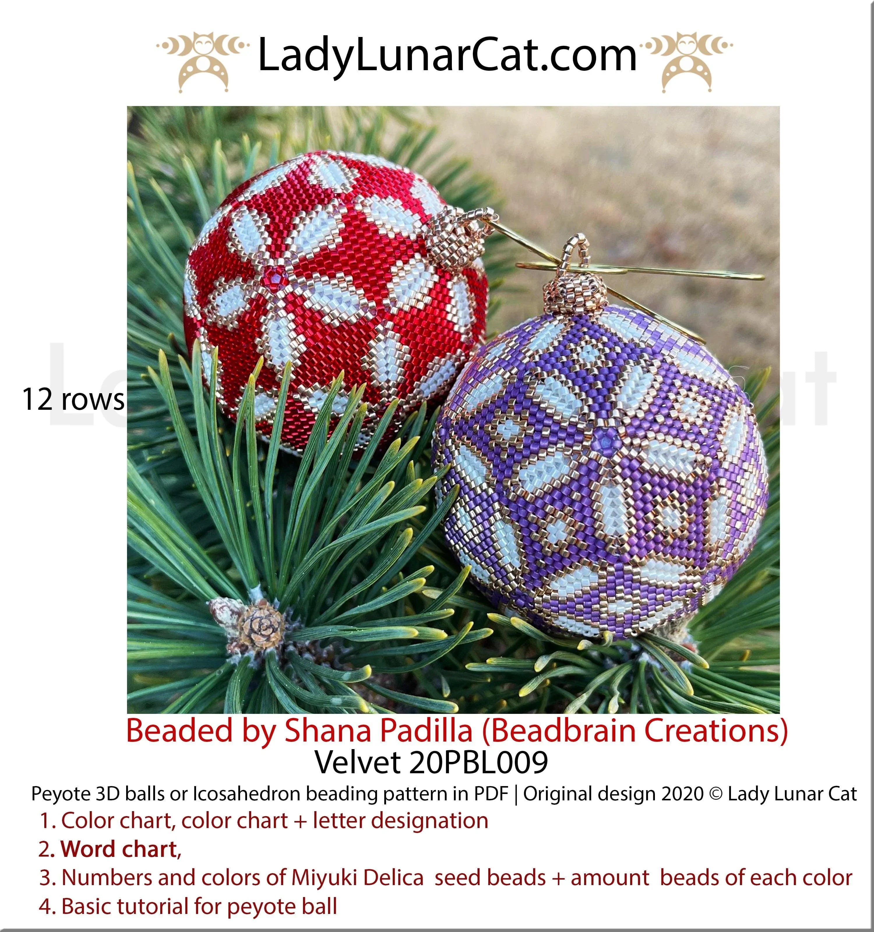 Velvet peyote 3D ball pattern - icosahedron 12 rows 2 colorways vintage christmas PDF LadyLunarCat