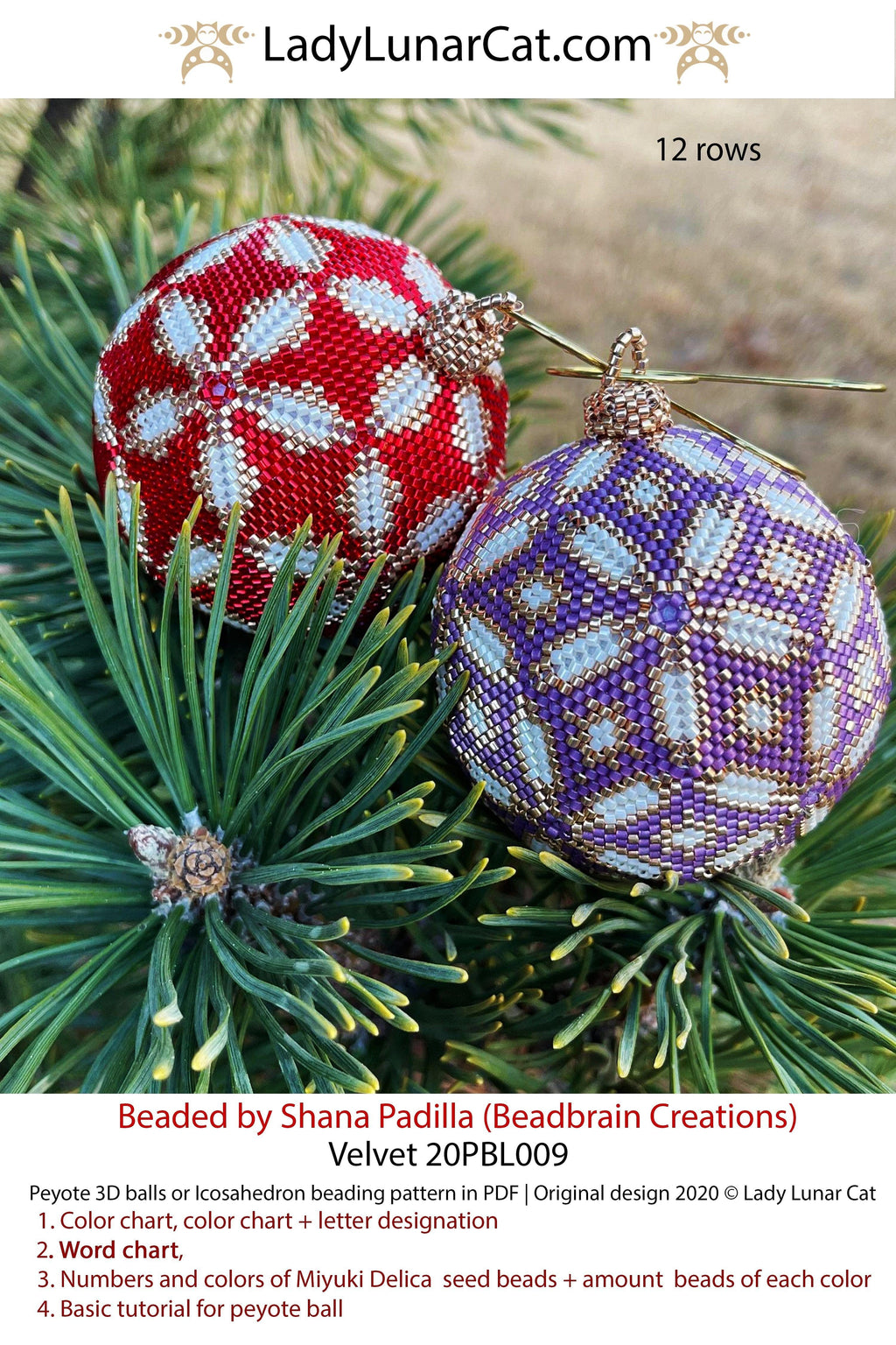 Peyote 3d ball pattern for beading | Beaded Icosahedron Velvet 20PBL009  12 rows LadyLunarCat