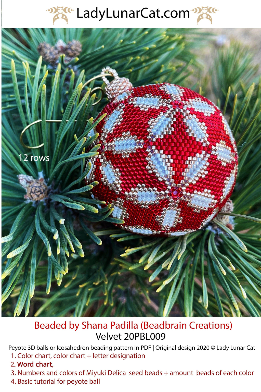 Peyote 3d ball pattern for beading | Beaded Icosahedron Velvet 20PBL009  12 rows LadyLunarCat