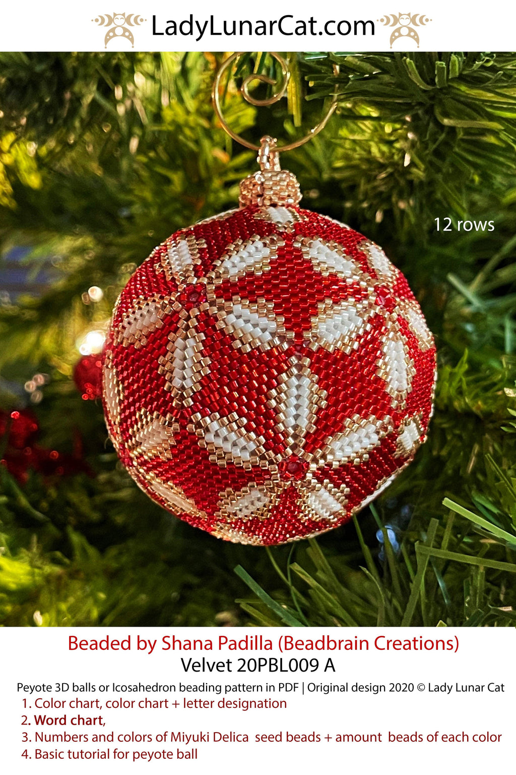 Peyote 3d ball pattern for beading | Beaded Icosahedron Velvet 20PBL009  12 rows LadyLunarCat