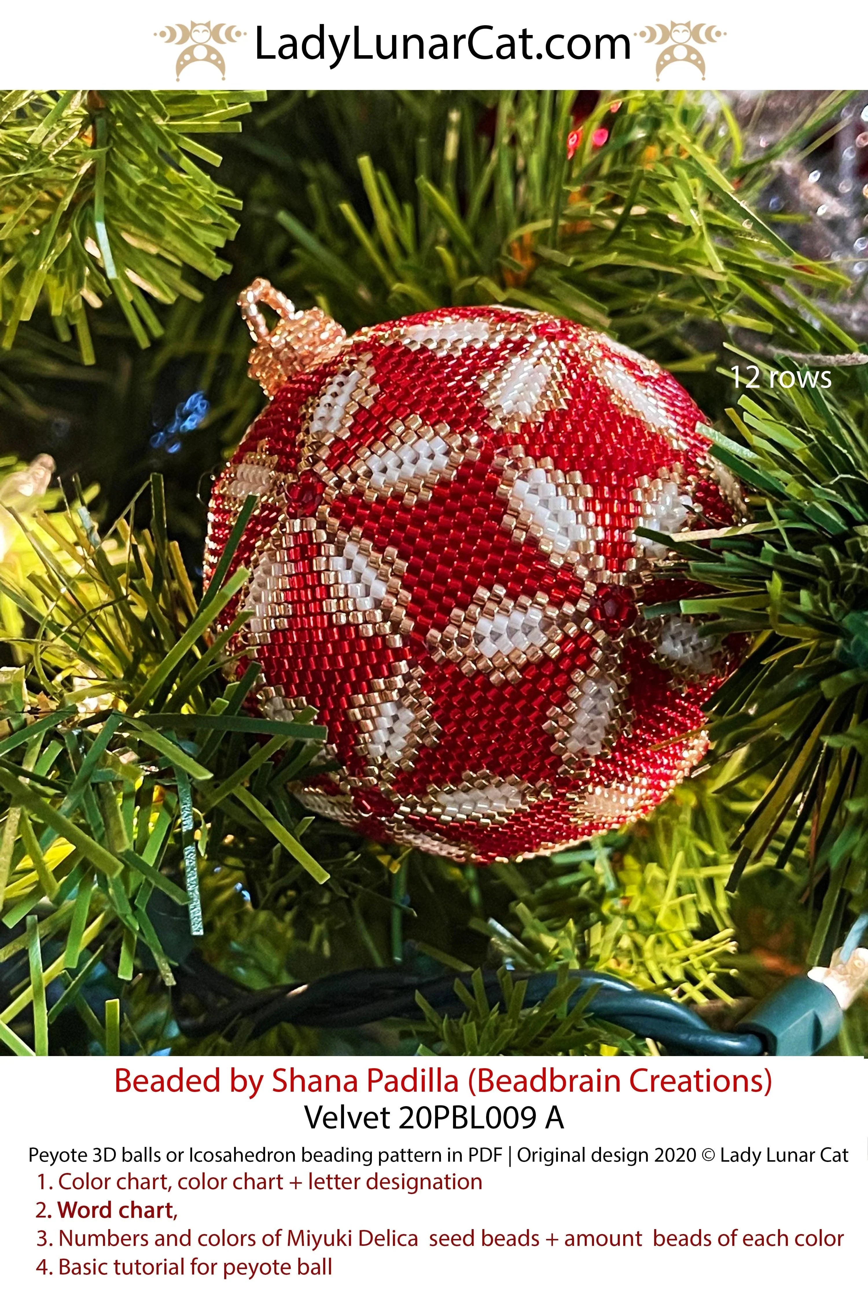 Velvet beaded icosahedron tutorial page - basic 3D ball peyote guide LadyLunarCat