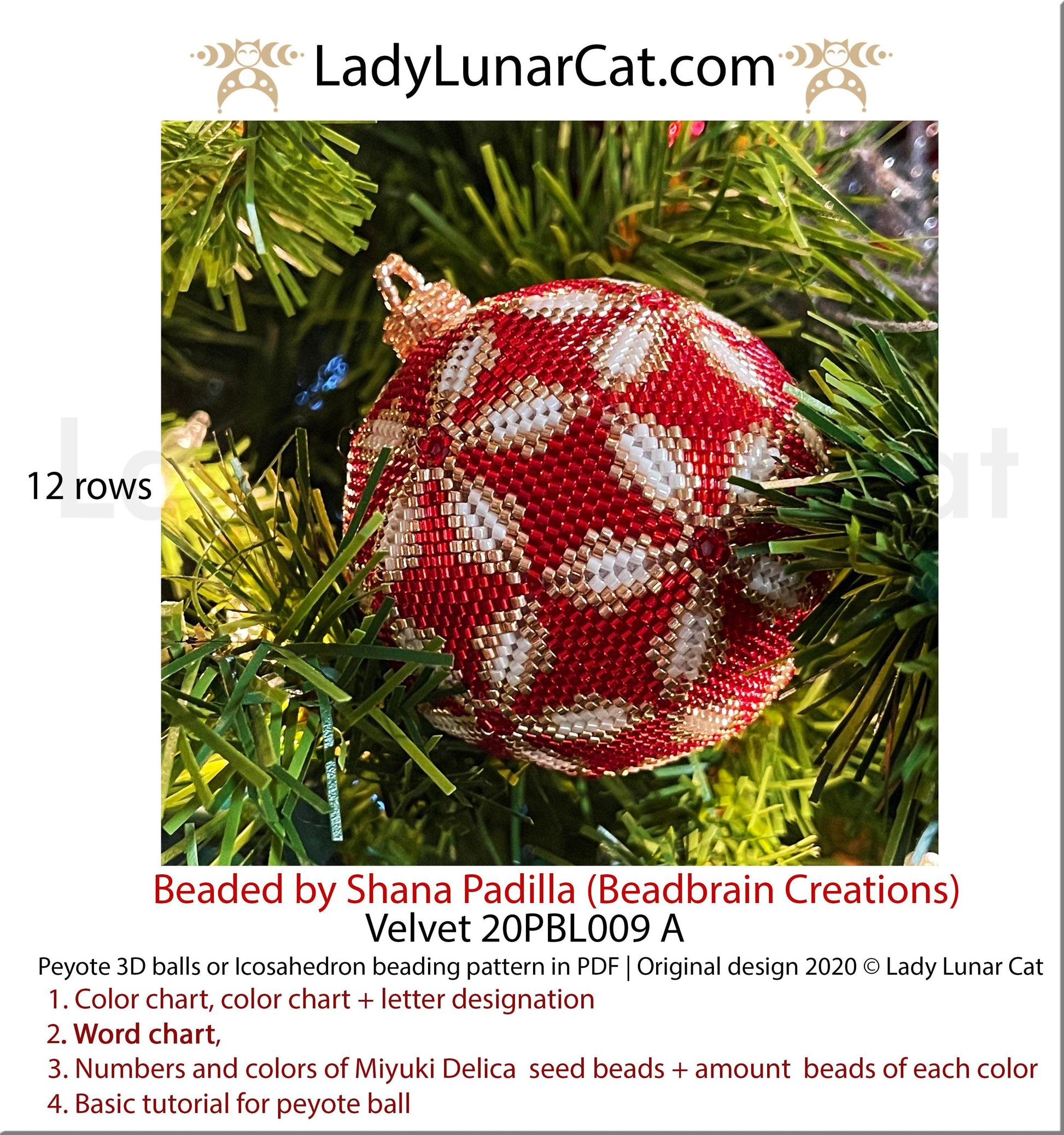 Peyote 3d ball pattern for beading | Beaded Icosahedron Velvet 20PBL009  12 rows LadyLunarCat