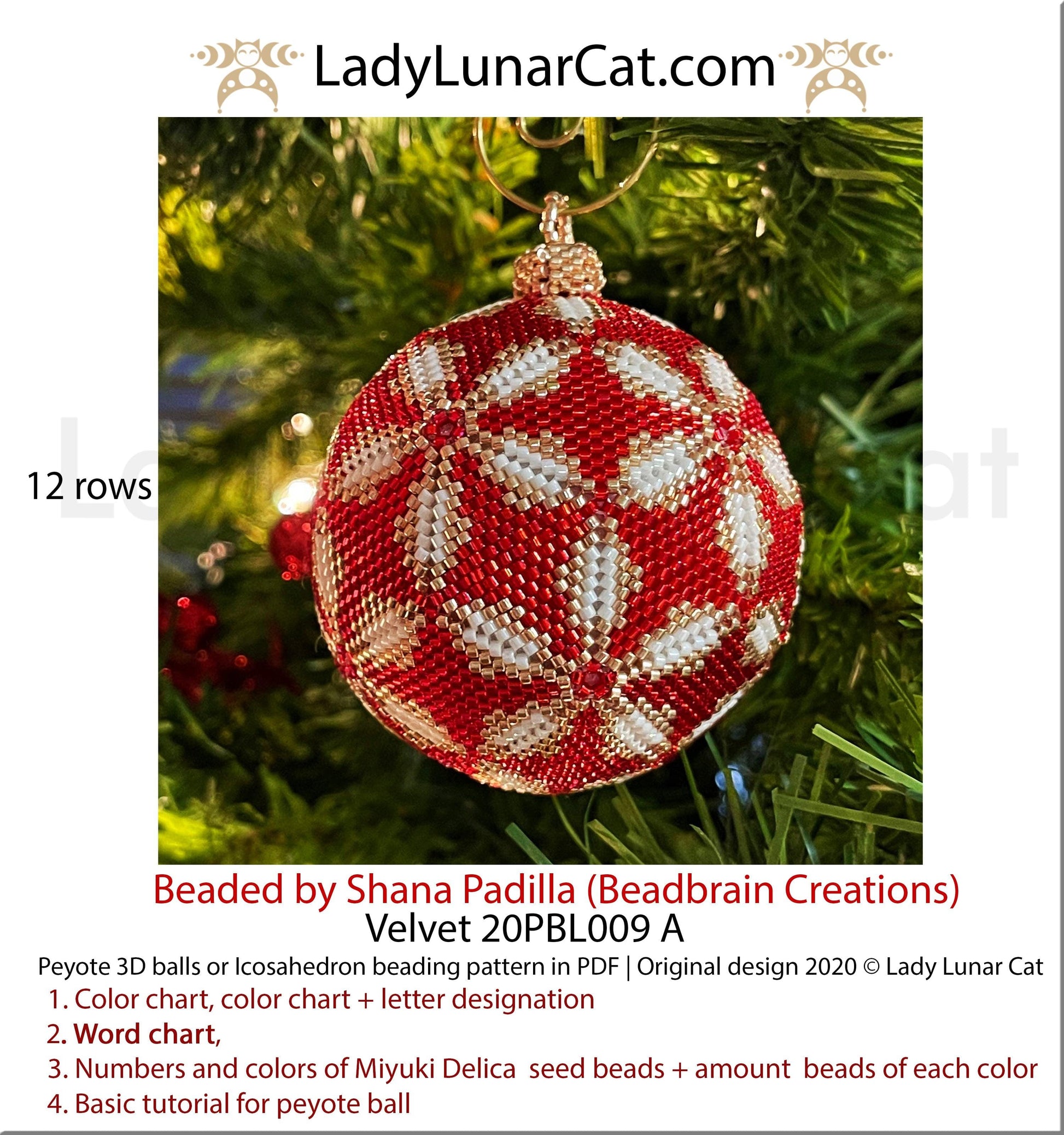 Peyote 3d ball pattern for beading | Beaded Icosahedron Velvet 20PBL009  12 rows LadyLunarCat