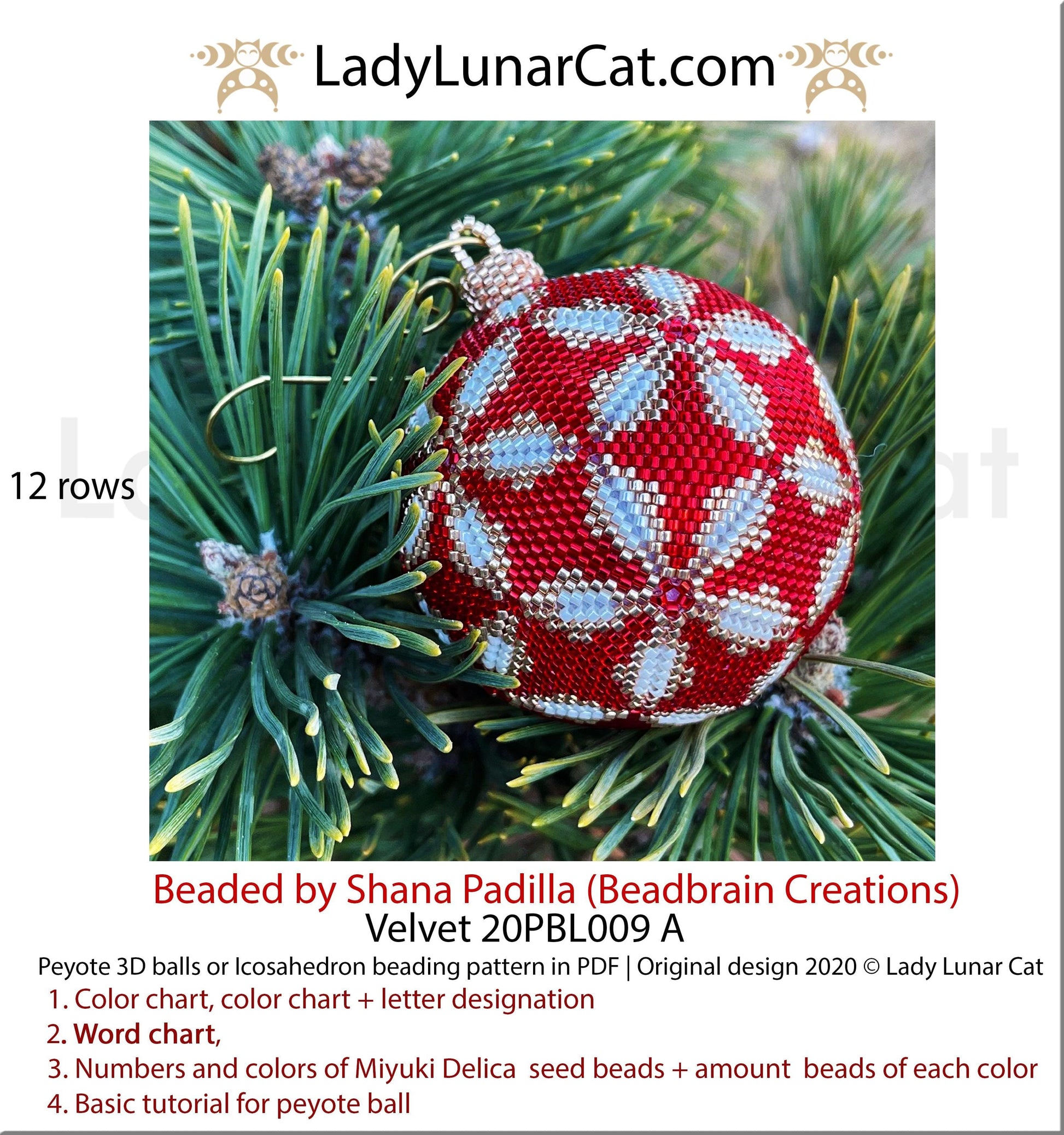 Peyote 3d ball pattern for beading | Beaded Icosahedron Velvet 20PBL009  12 rows LadyLunarCat