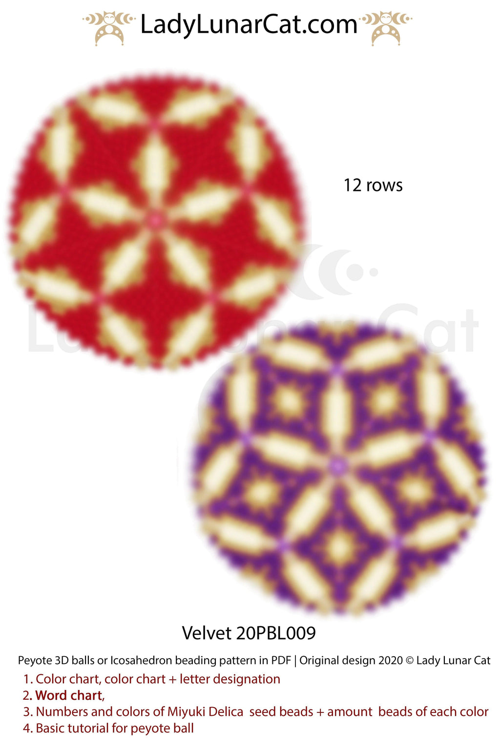 Peyote 3d ball pattern for beading | Beaded Icosahedron Velvet 20PBL009  12 rows LadyLunarCat