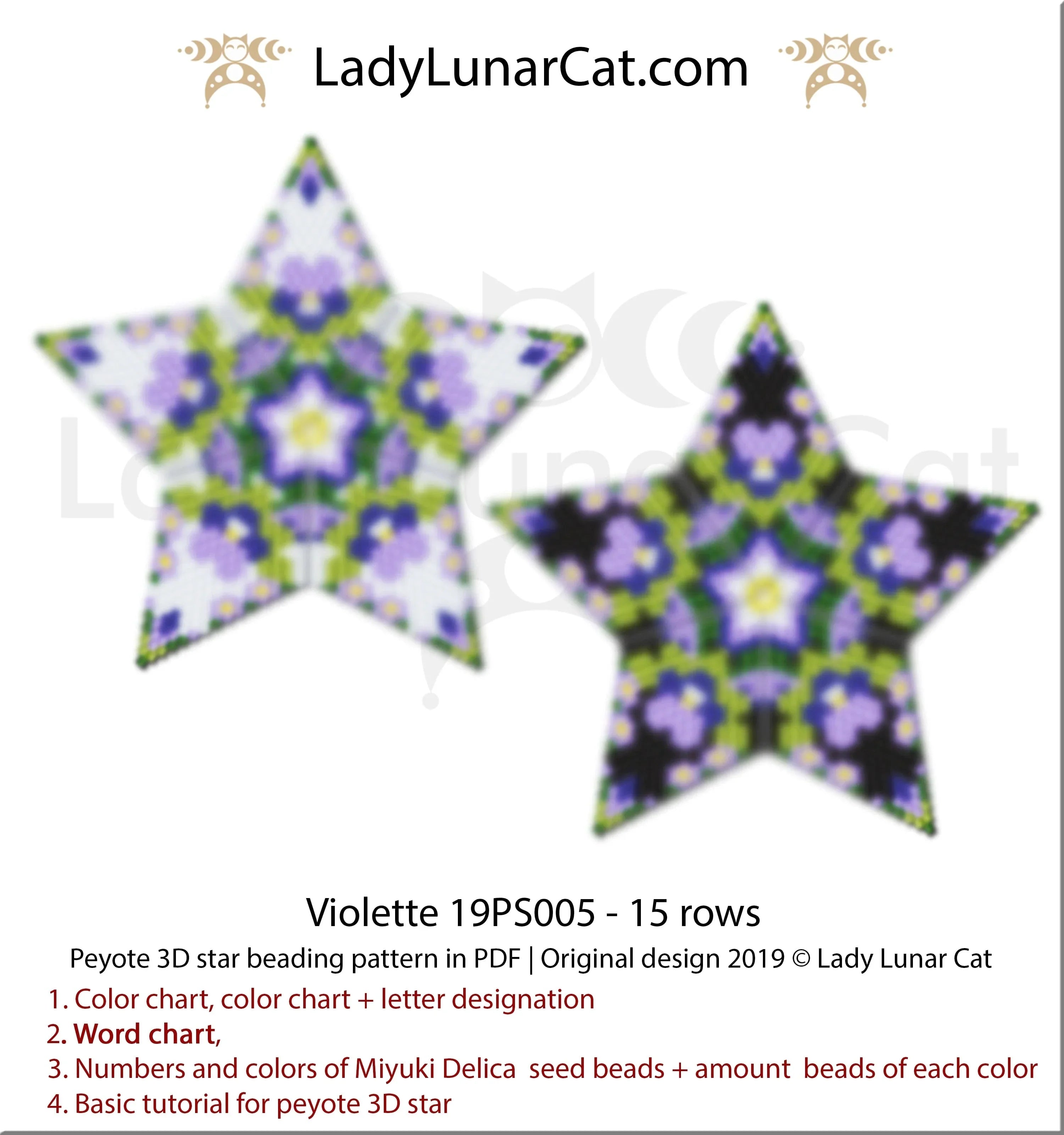 Violette peyote star pattern PDF by Lady Lunar Cat — 3D beaded star 19PS005