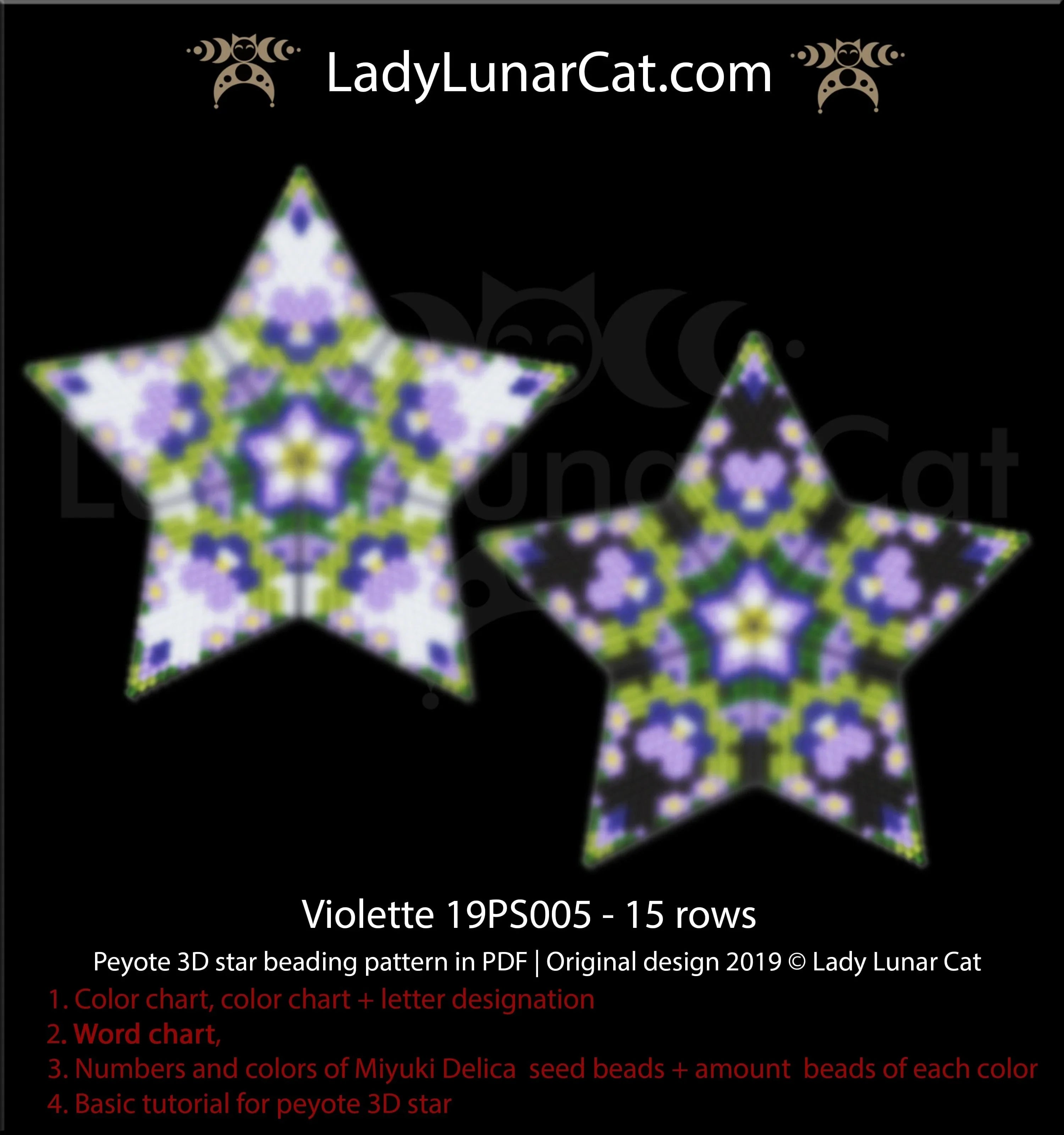 Violet flowers peyote star beading pattern — 3 color versions, Miyuki Delica 11/0