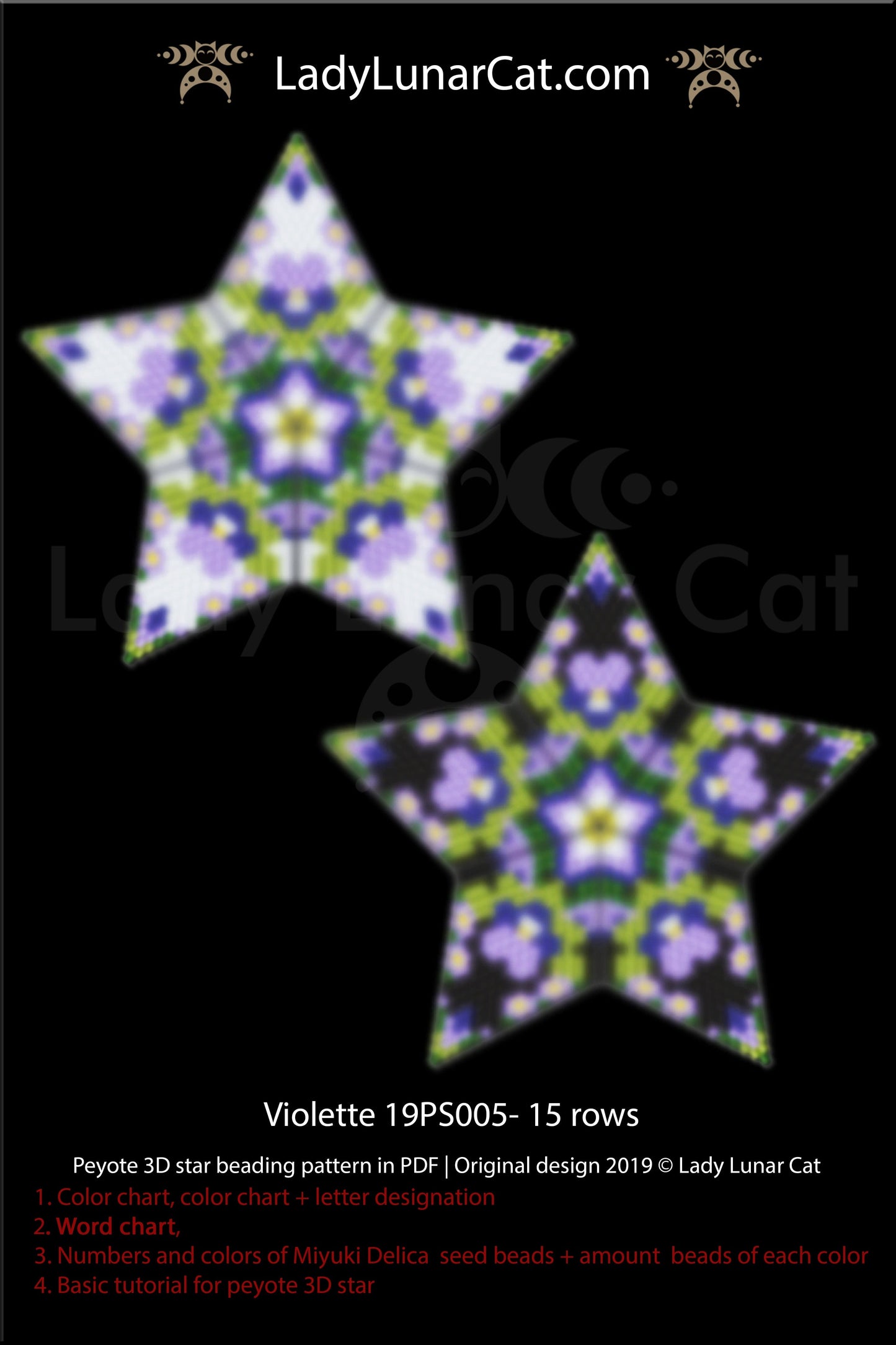 Peyote star pattern for beading - Violette 19PS005 15 rows LadyLunarCat