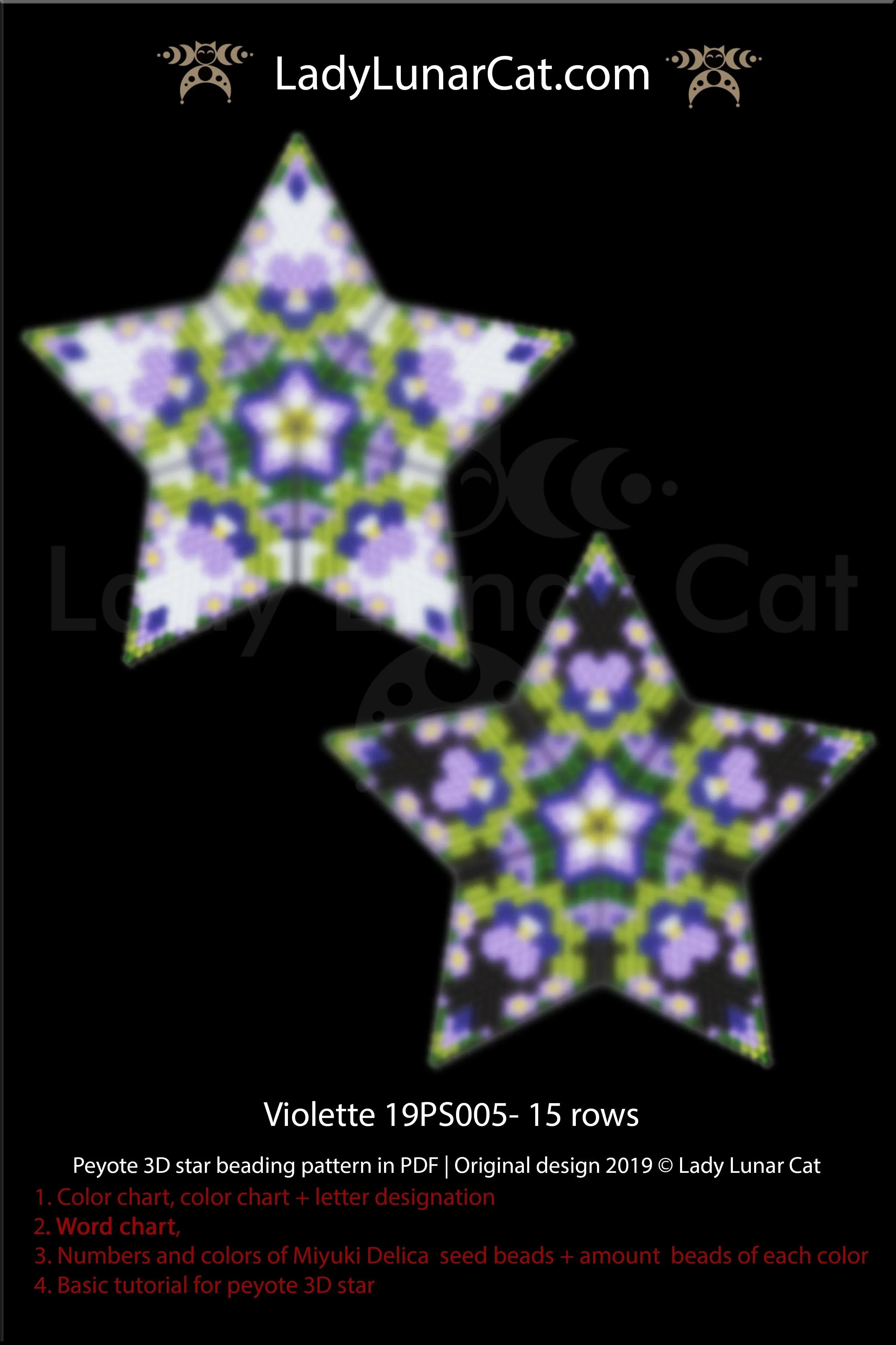 3D peyote star pattern violette — 29-bead radius, 6–7 colors, instant download