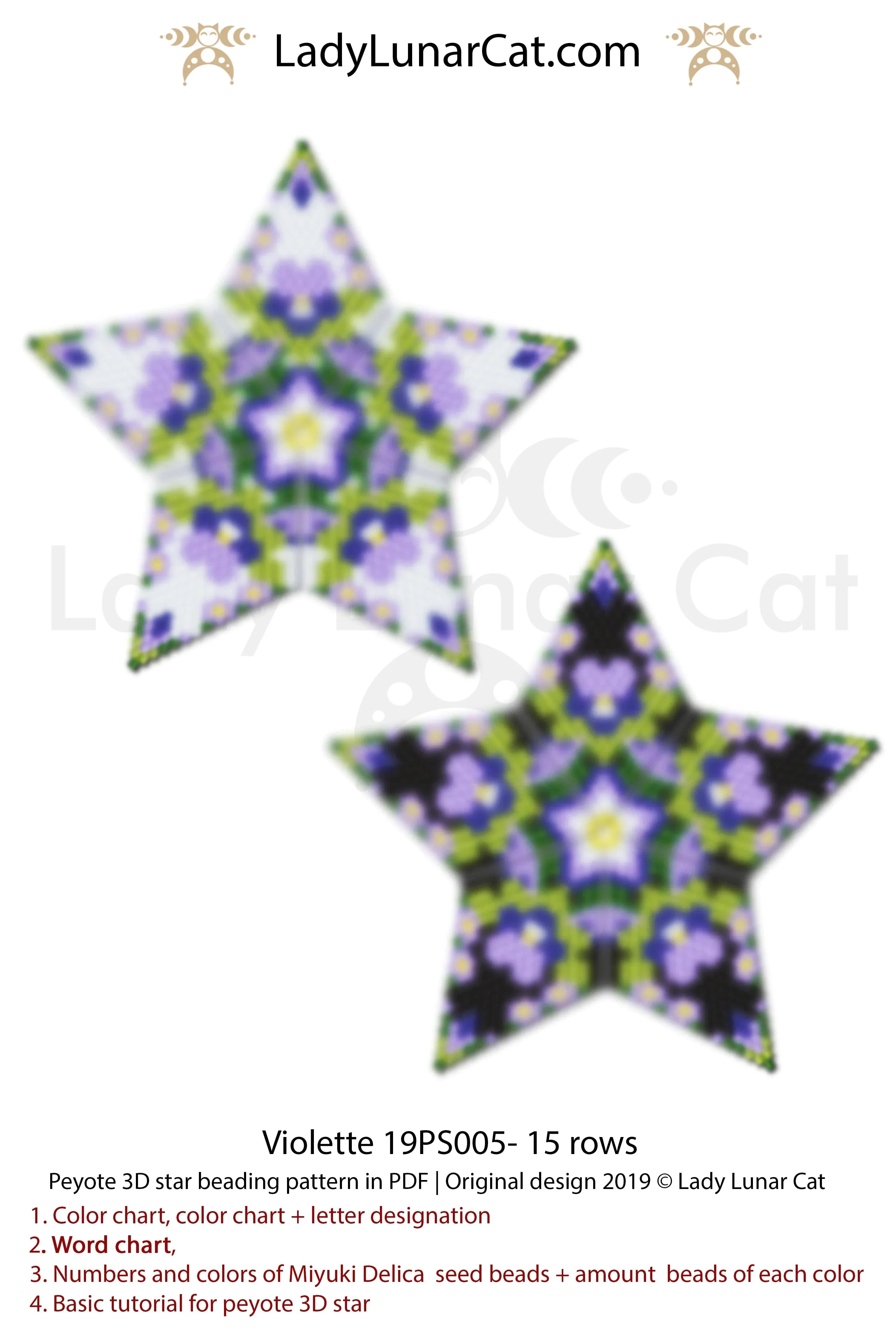 Beaded violet flower star pendant — peyote stitch tutorial PDF for all levels