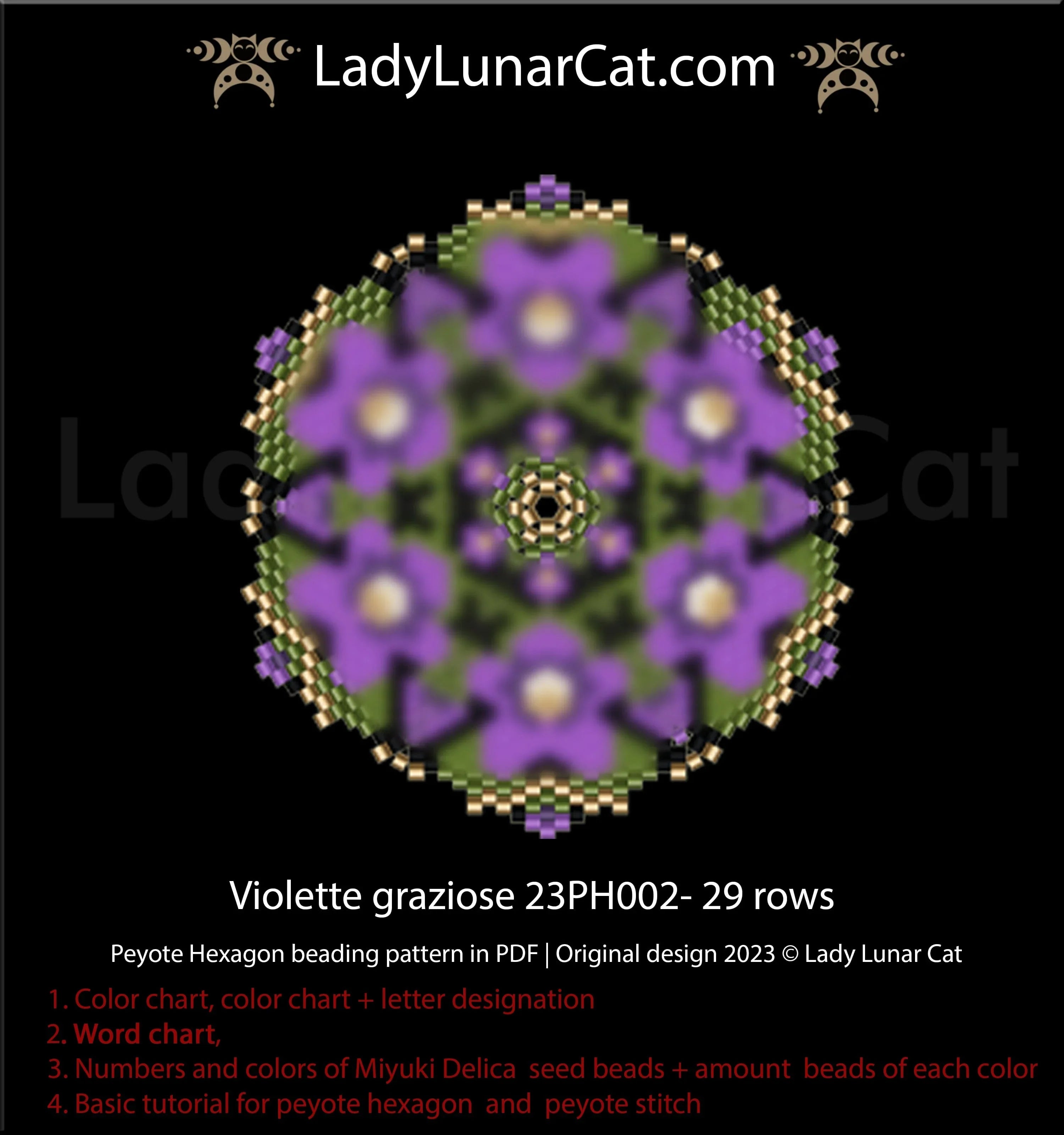 Violet flowers peyote hexagon beading pattern — rivoli center, Miyuki Delica 11/0