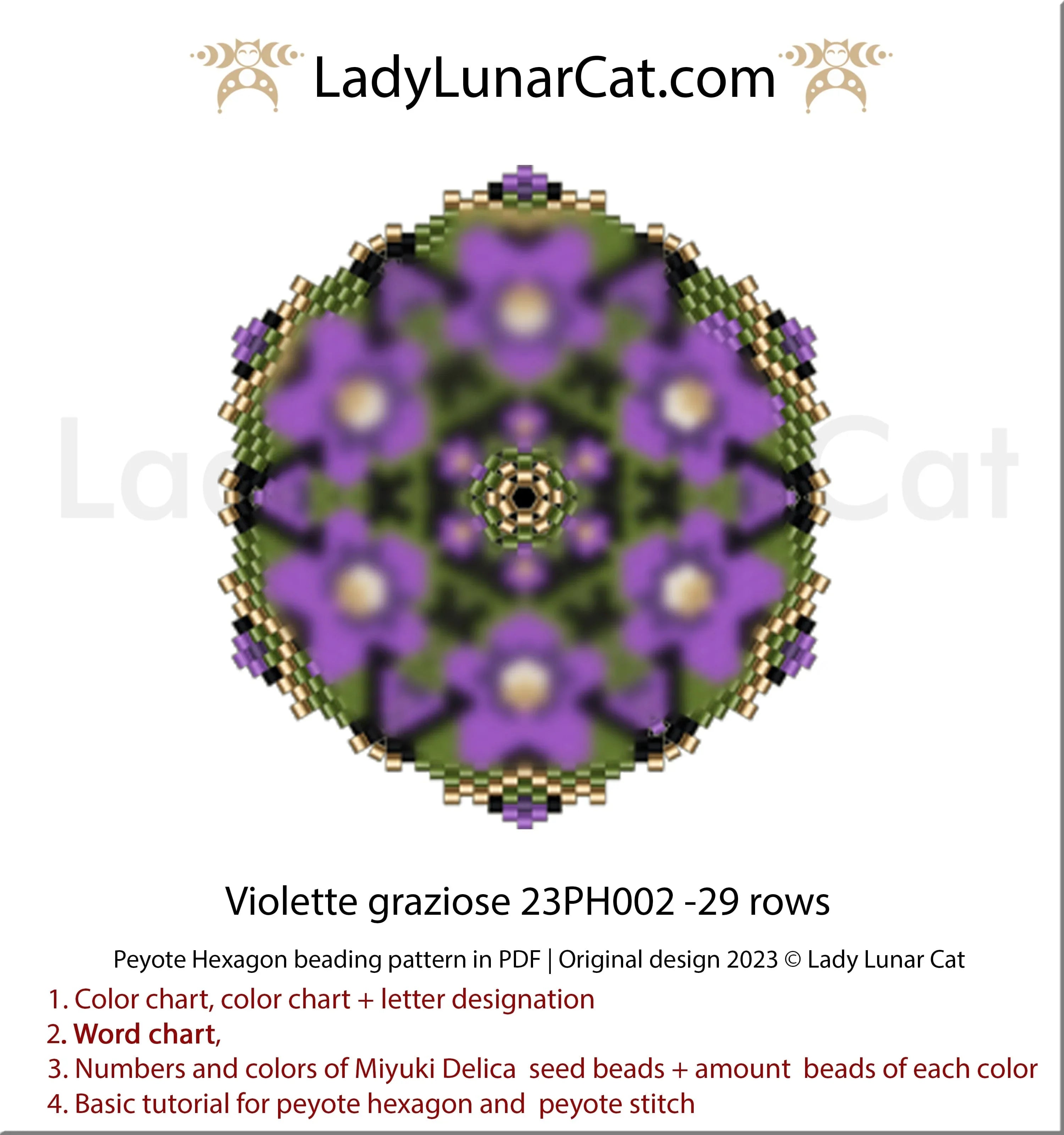 Violette Graziose peyote hexagon pattern PDF by Lady Lunar Cat — 23PH002