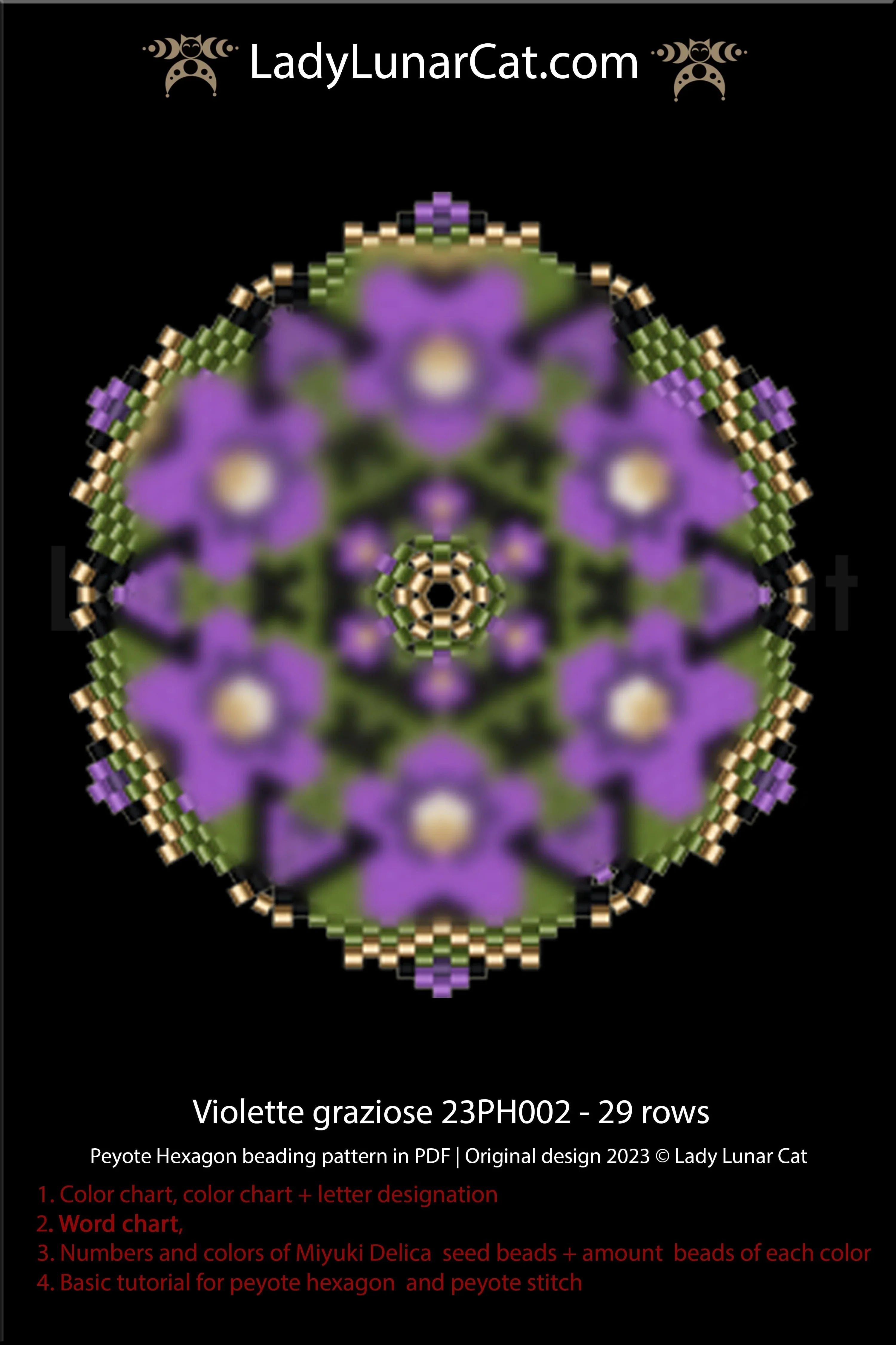 Beaded violet hexagon pendant — peyote stitch tutorial PDF for all levels