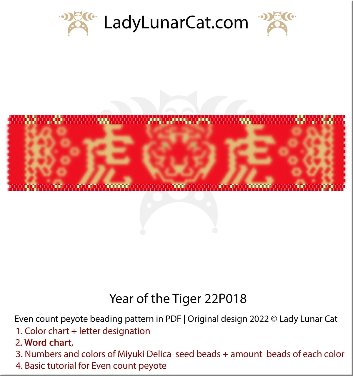 Year of the Tiger peyote bracelet pattern PDF by Lady Lunar Cat — Lunar New Year 22P018