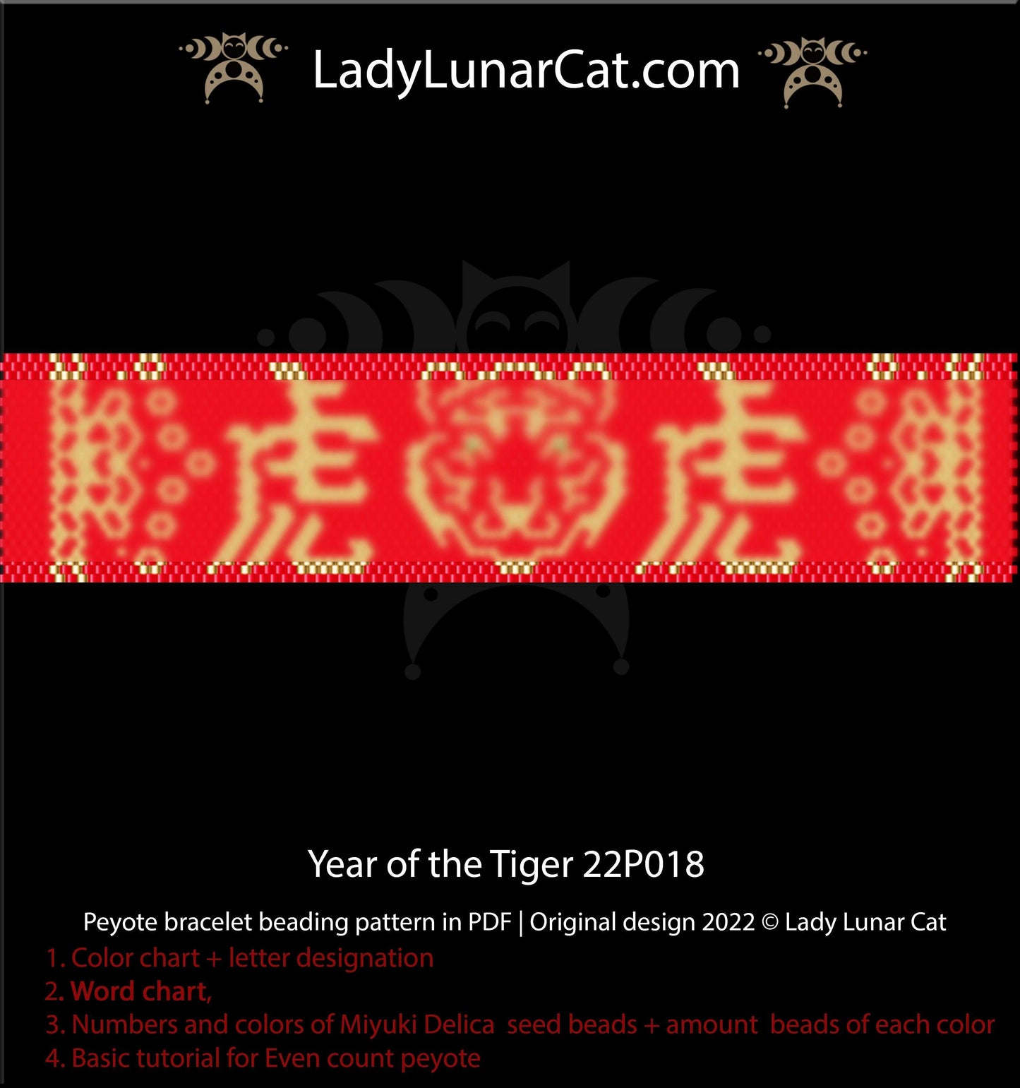 Even count peyote bracelet pattern for beading Year of the Tiger 22P018 LadyLunarCat