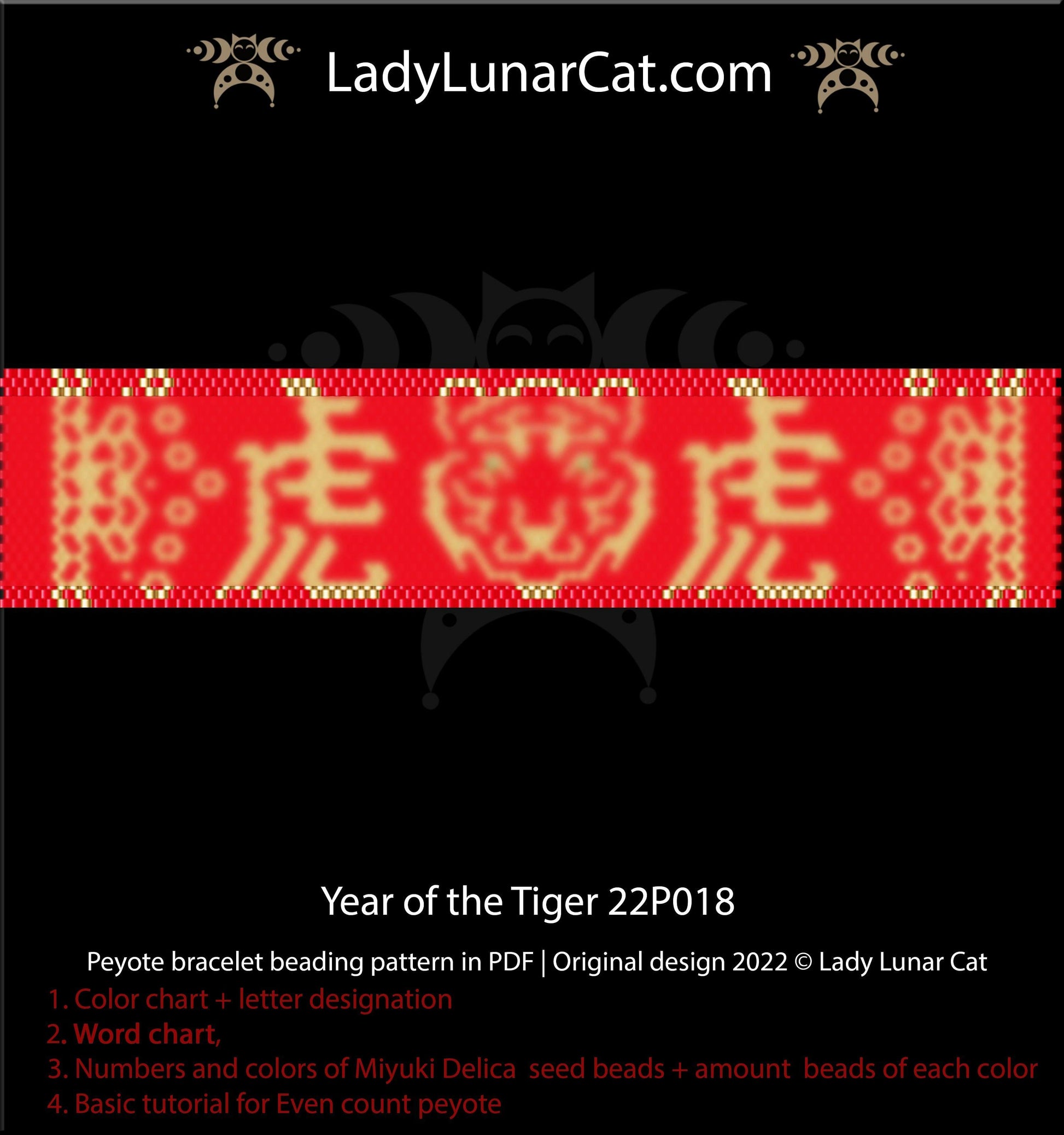 Even count peyote bracelet pattern for beading Year of the Tiger 22P018 LadyLunarCat