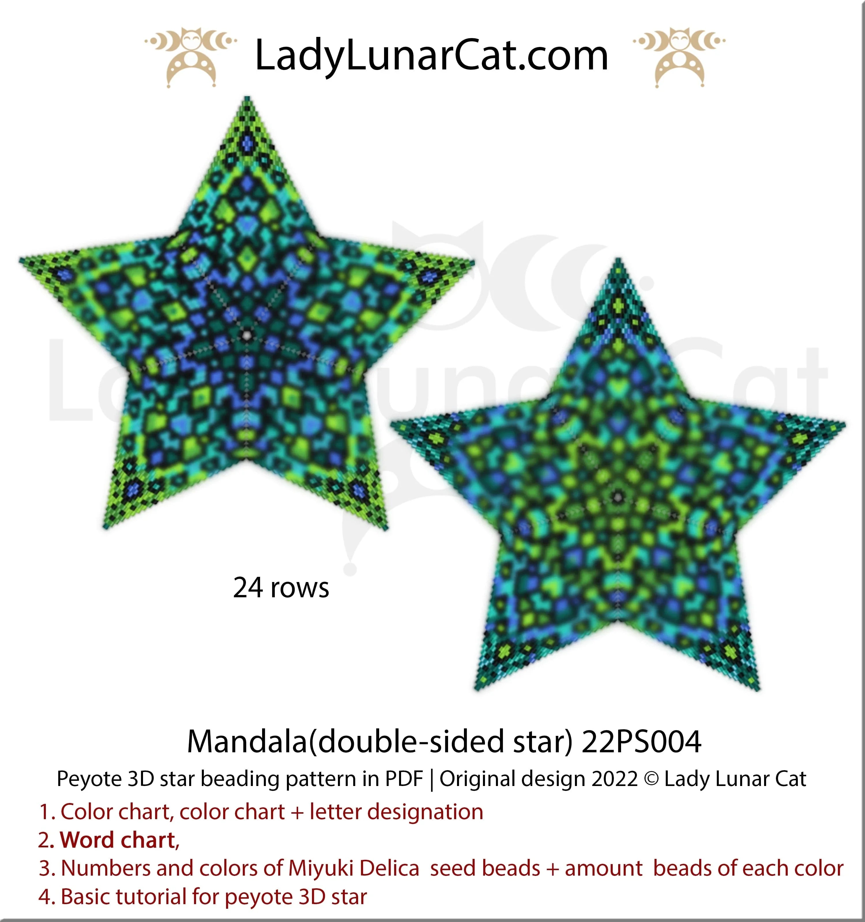 3D peyote star green mandala — 24 corner rows, botanical home decor, instant download