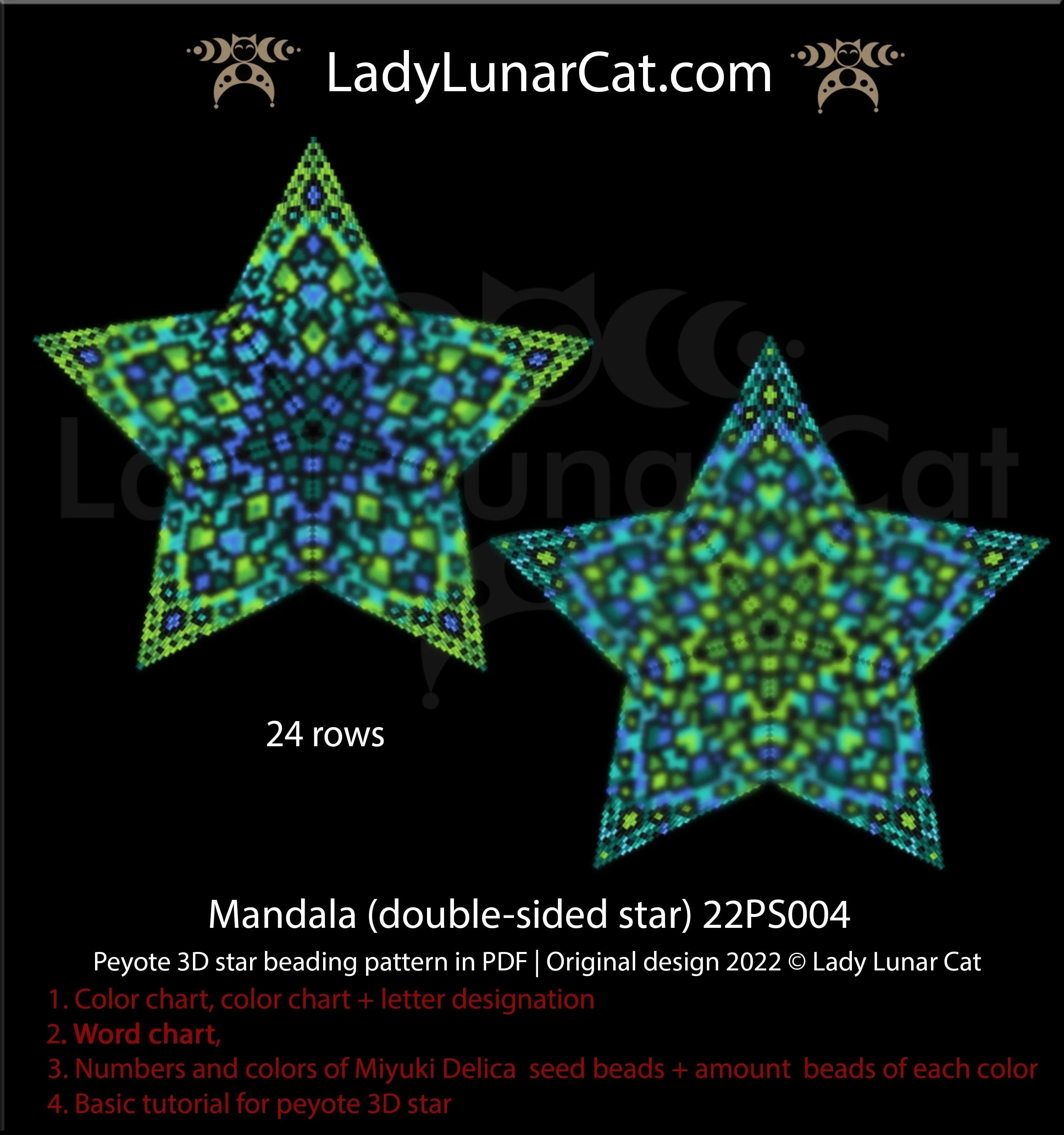 Botanical green mandala peyote star — 7 colors, 47-bead radius, Miyuki Delica 11/0