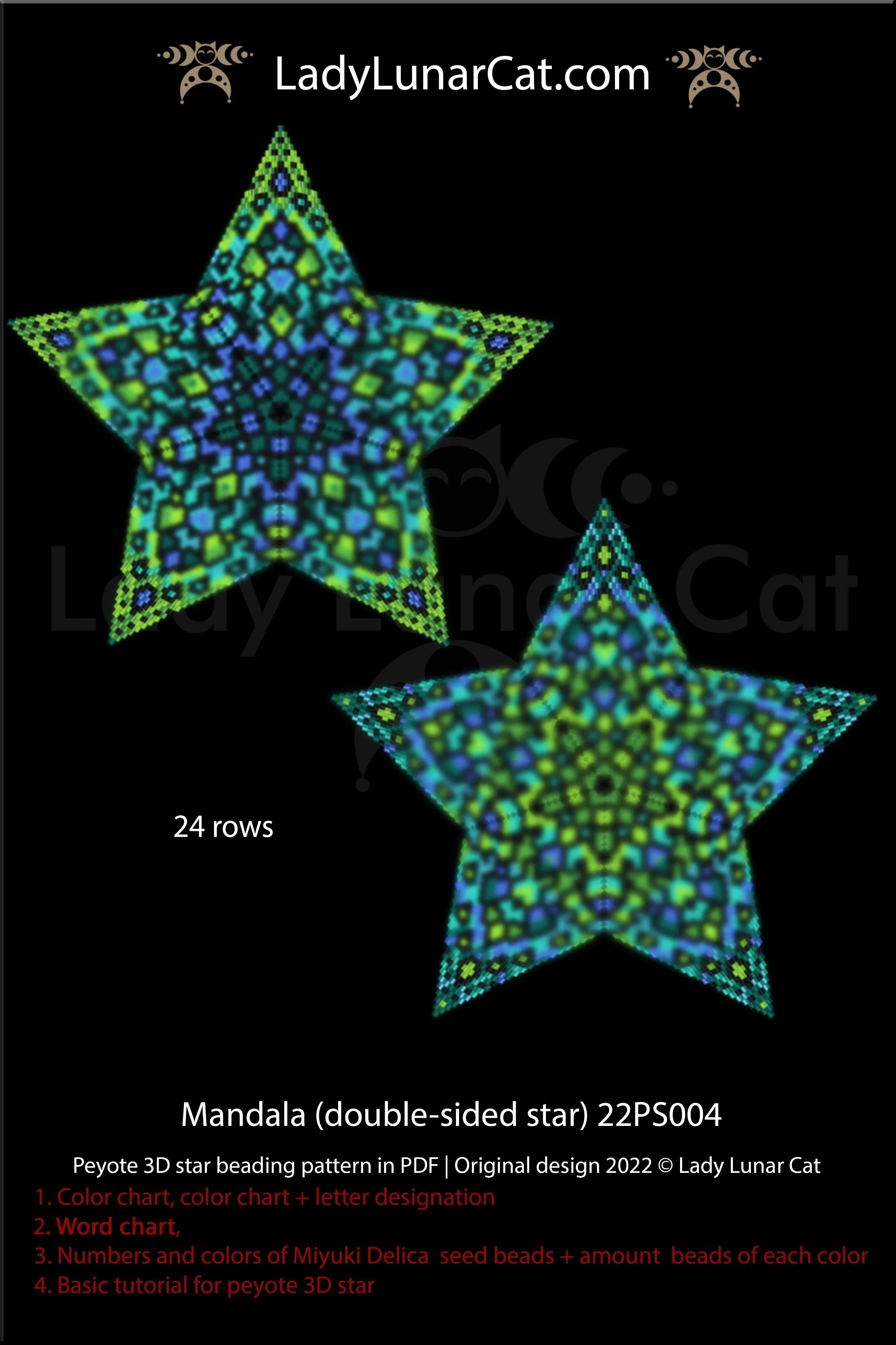 Beaded green botanical mandala star — peyote stitch tutorial PDF for all levels