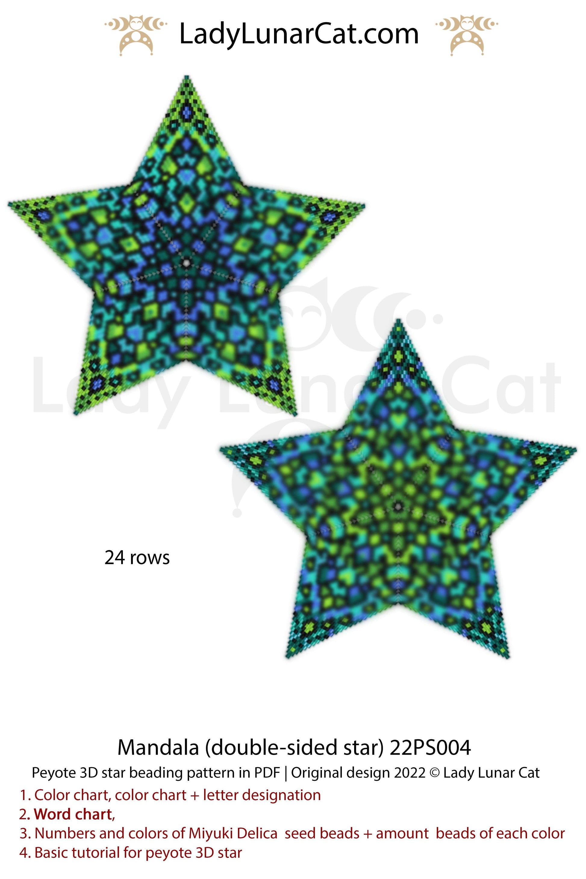 Peyote star pattern for beading - Mandala 22PS004 24 rows LadyLunarCat